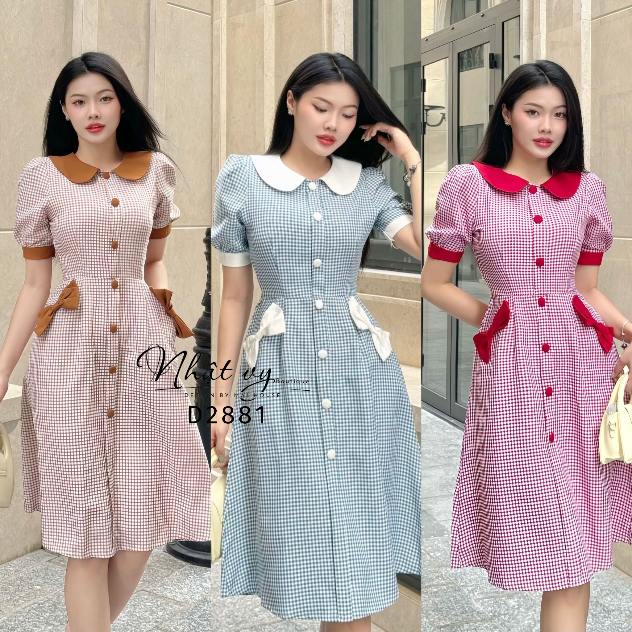 Đầm caro cổ tròn bèo đính nơ bên túi - D2881