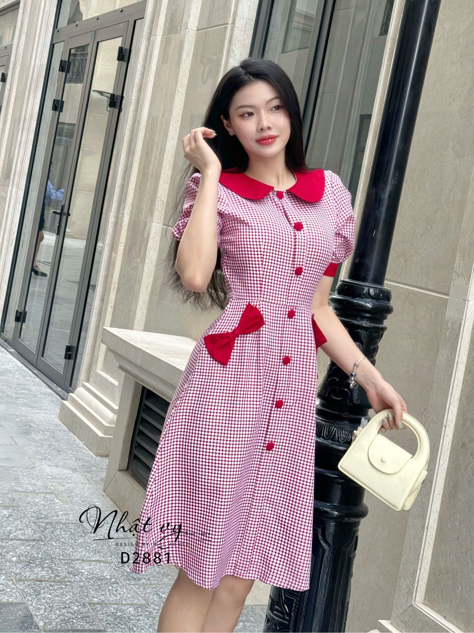 Đầm caro cổ tròn bèo đính nơ bên túi - D2881