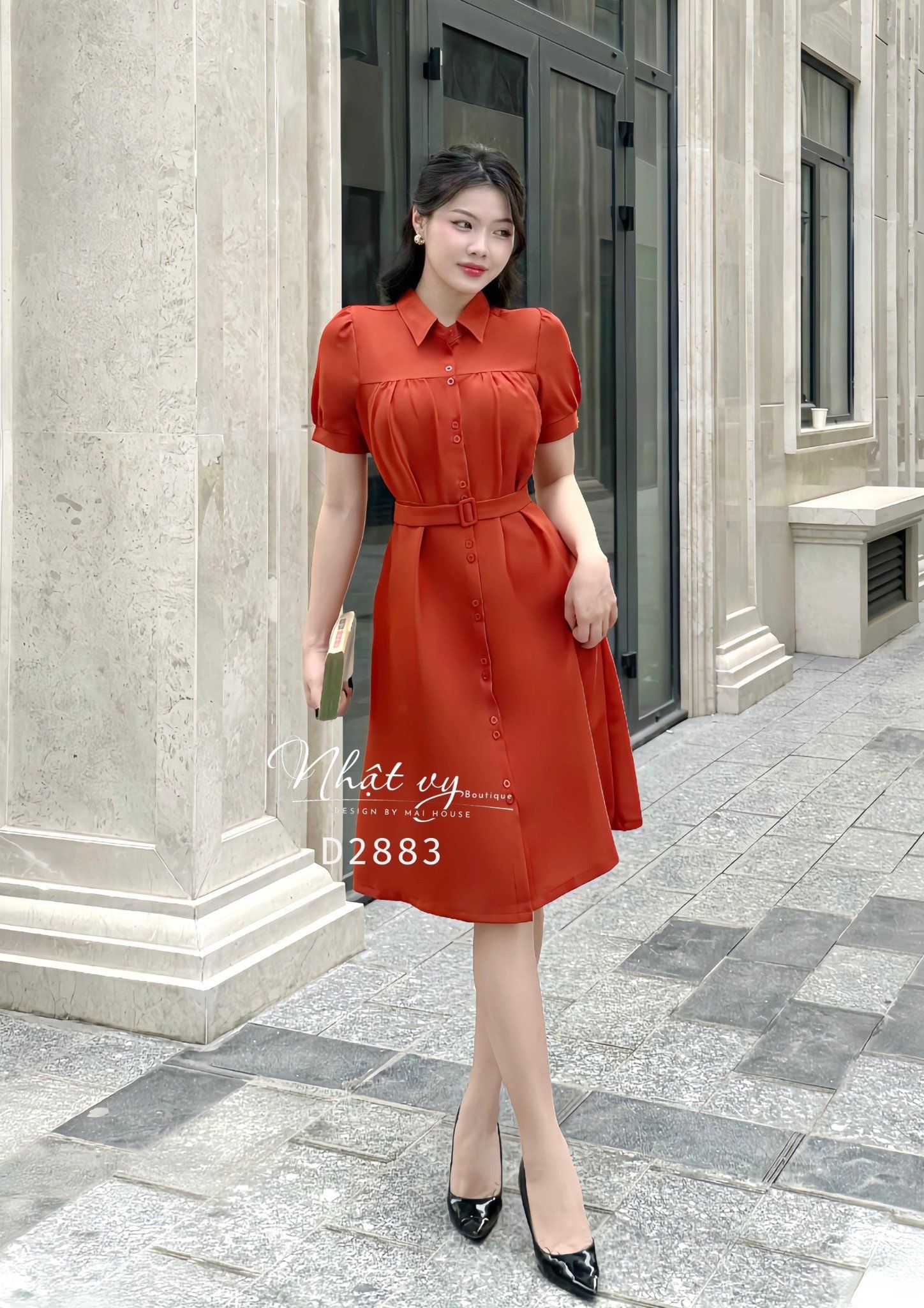 Đầm sơ mi nhún ngực kèm dây belt rời - D2883