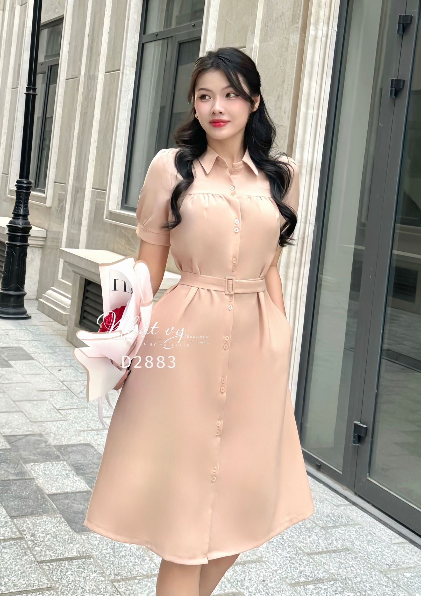 Đầm sơ mi nhún ngực kèm dây belt rời - D2883