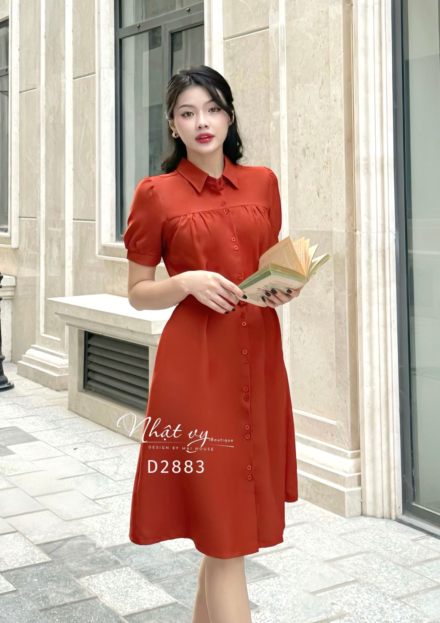 Đầm sơ mi nhún ngực kèm dây belt rời - D2883