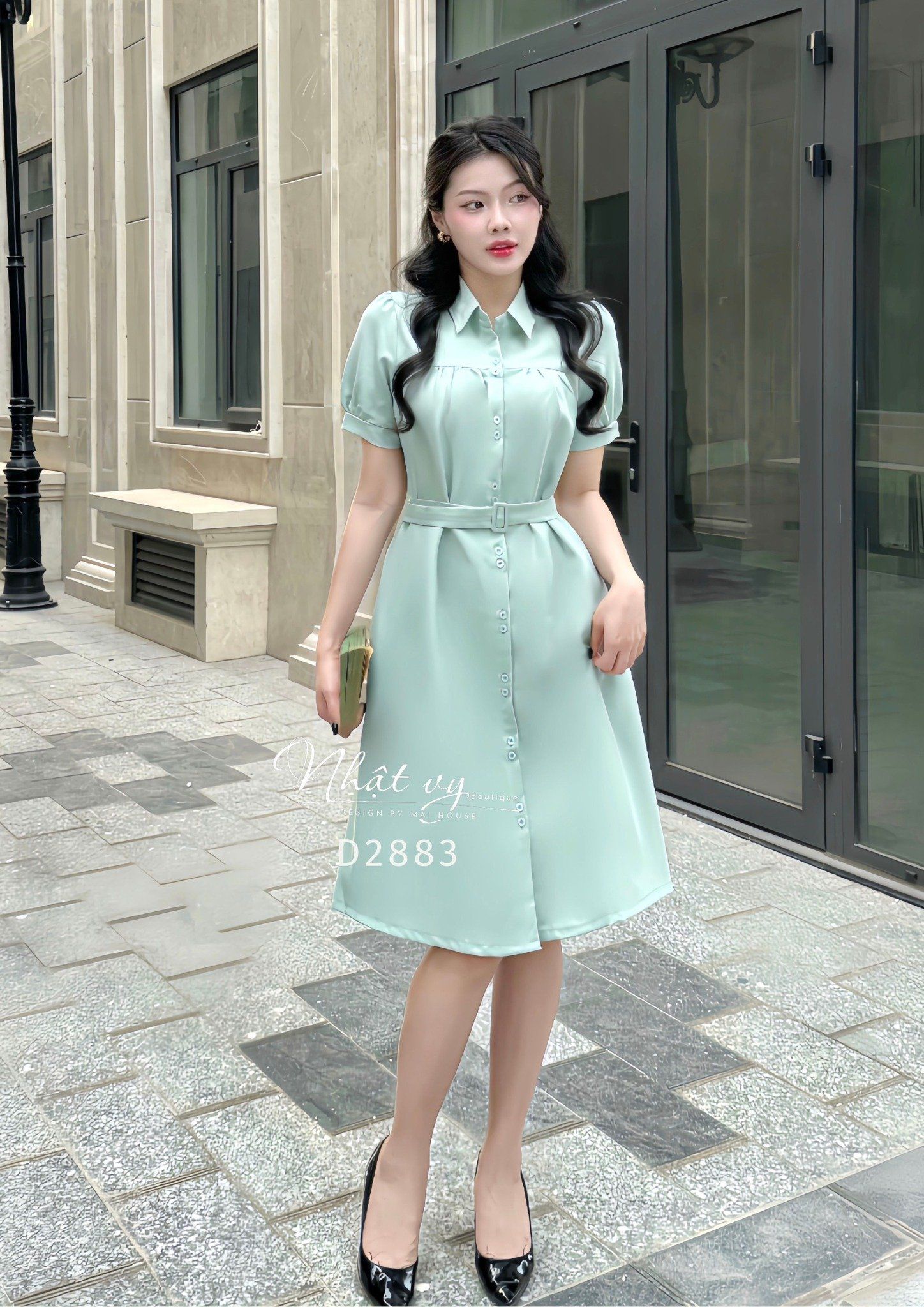 Đầm sơ mi nhún ngực kèm dây belt rời - D2883
