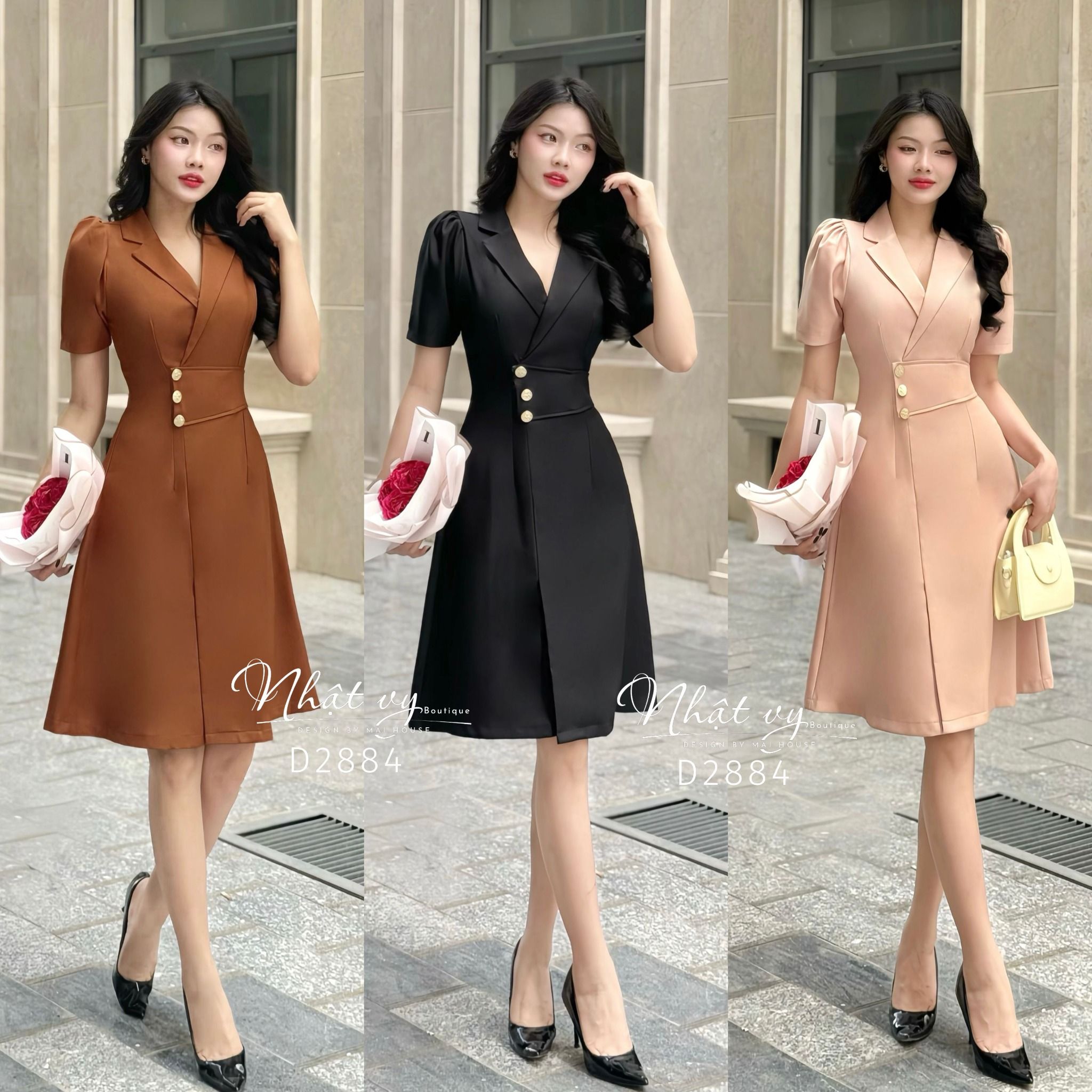 Đầm cổ vest dáng xoè đính nút giả - D2884