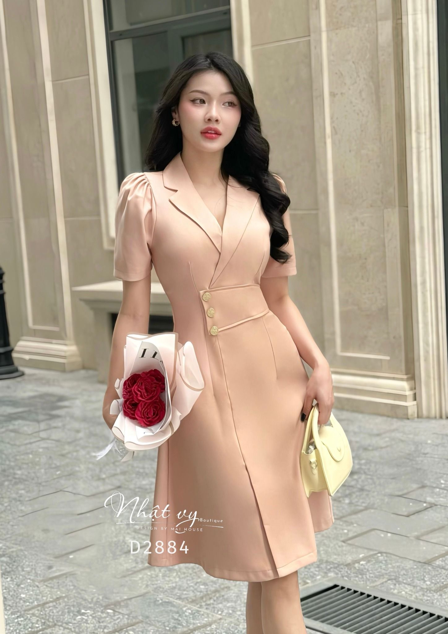 Đầm cổ vest dáng xoè đính nút giả - D2884
