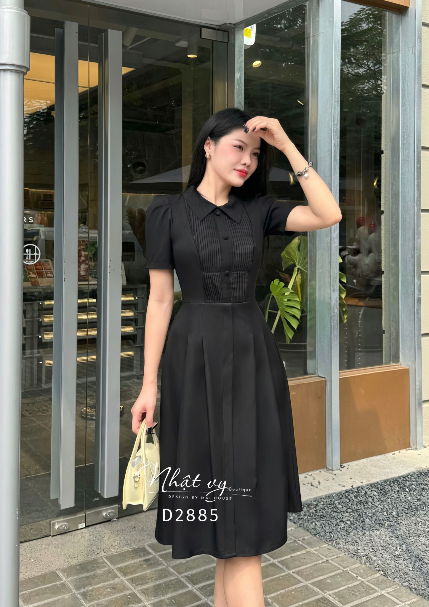 Đầm cổ sơ mi xếp ly ngực đính nút bọc - D2885