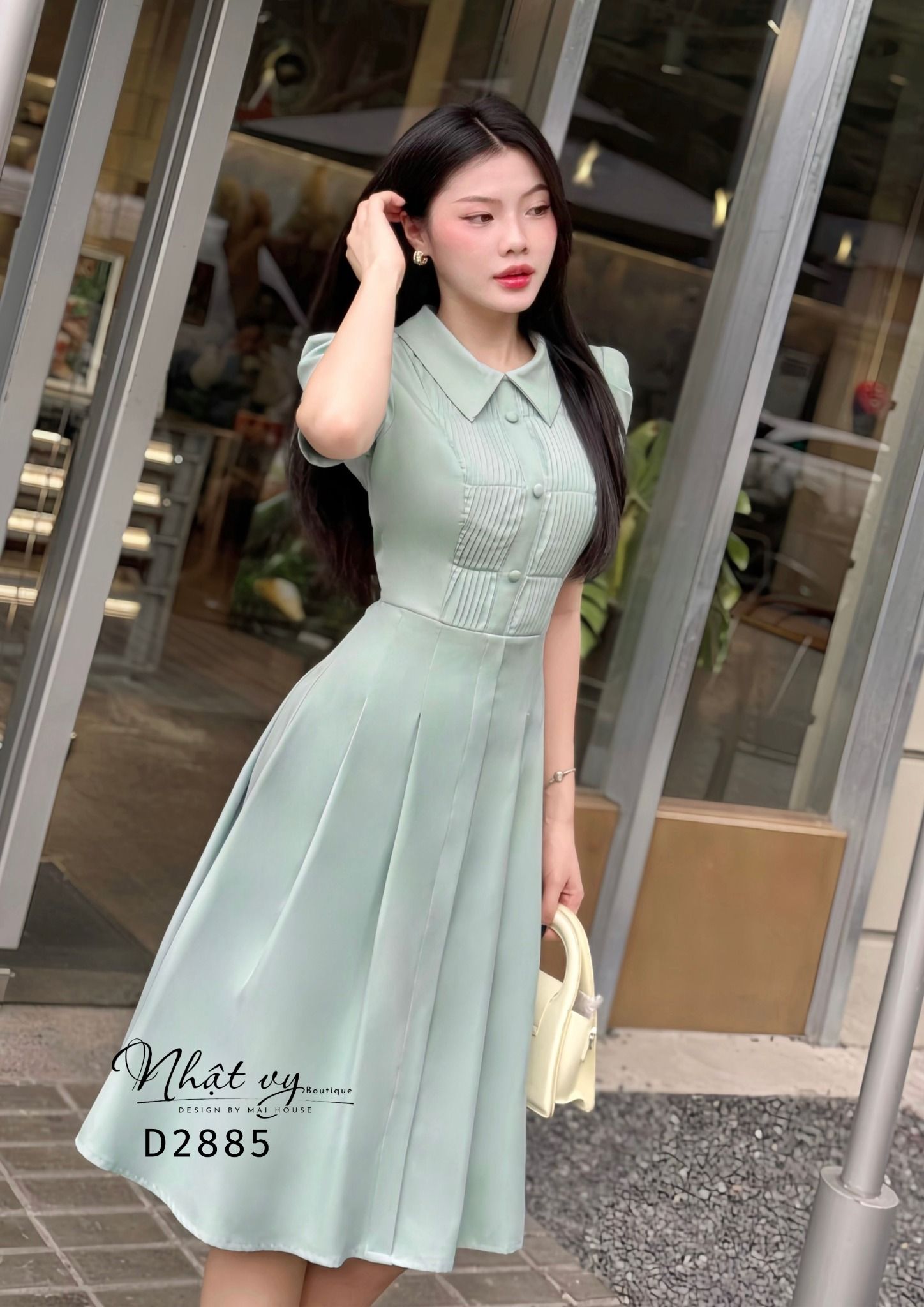 Đầm cổ sơ mi xếp ly ngực đính nút bọc - D2885