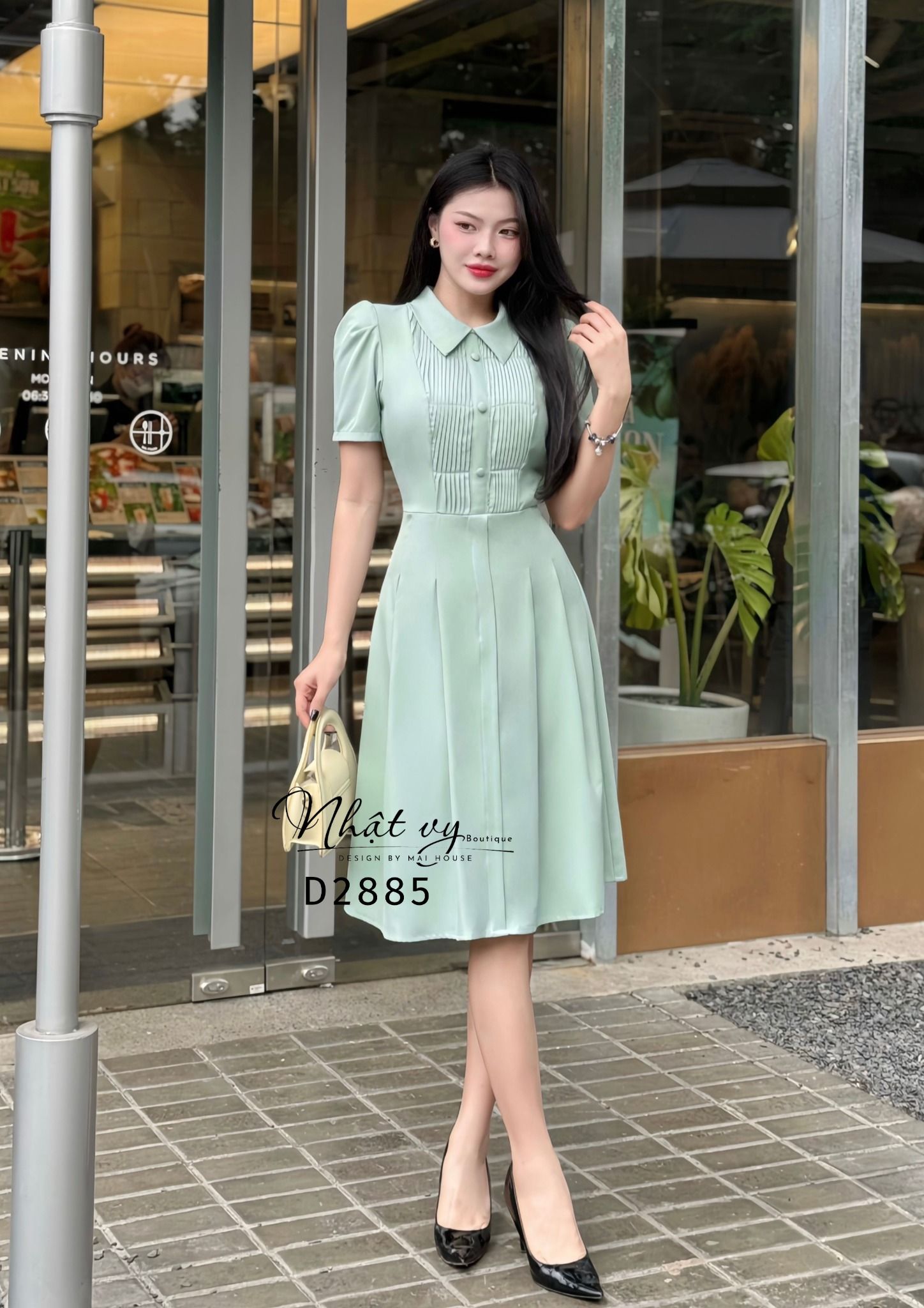 Đầm cổ sơ mi xếp ly ngực đính nút bọc - D2885