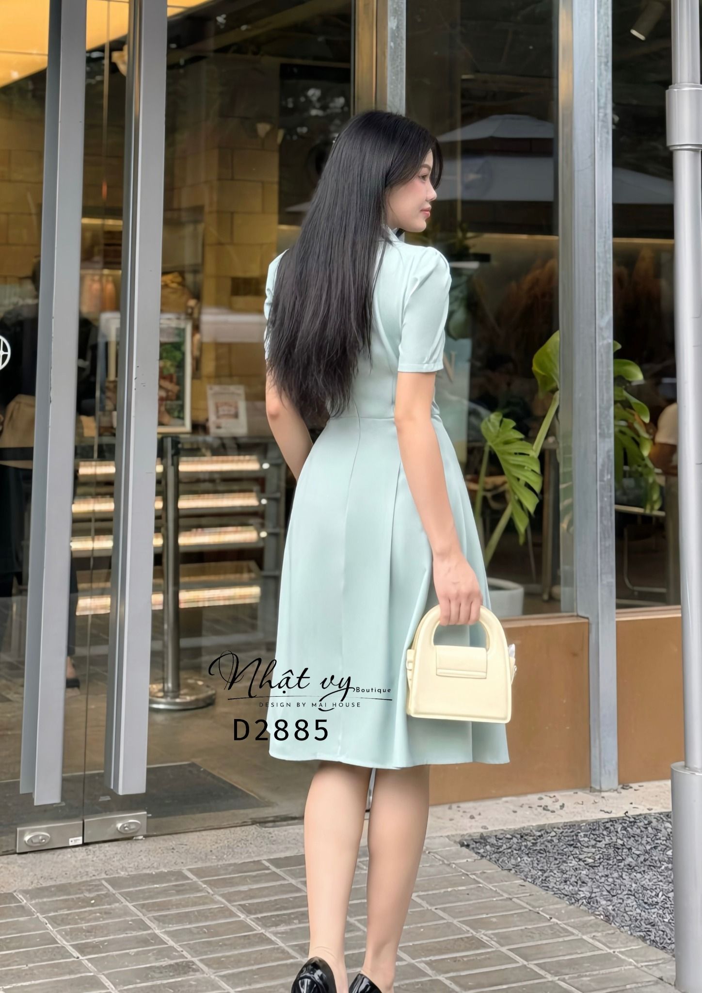 Đầm cổ sơ mi xếp ly ngực đính nút bọc - D2885