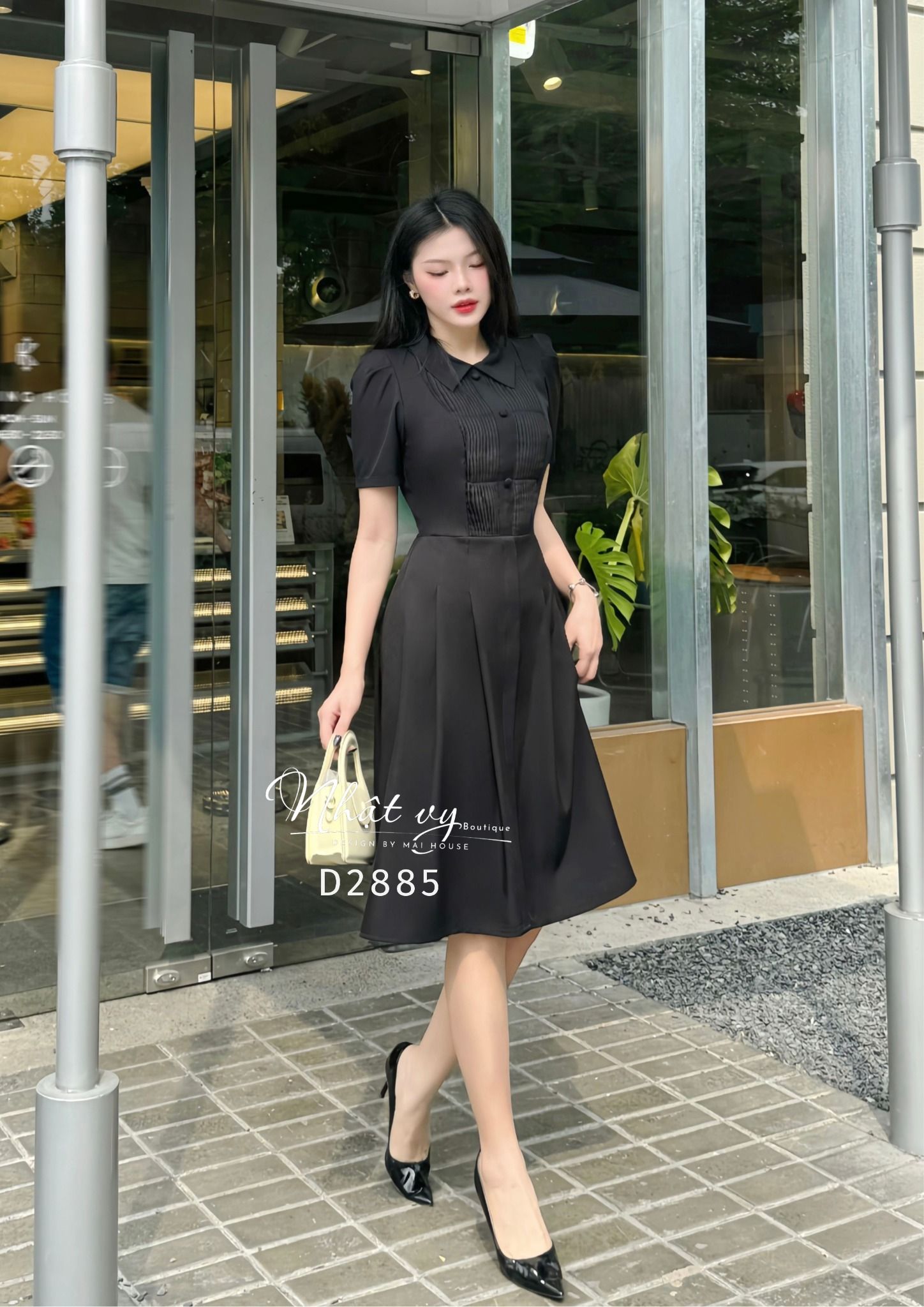 Đầm cổ sơ mi xếp ly ngực đính nút bọc - D2885
