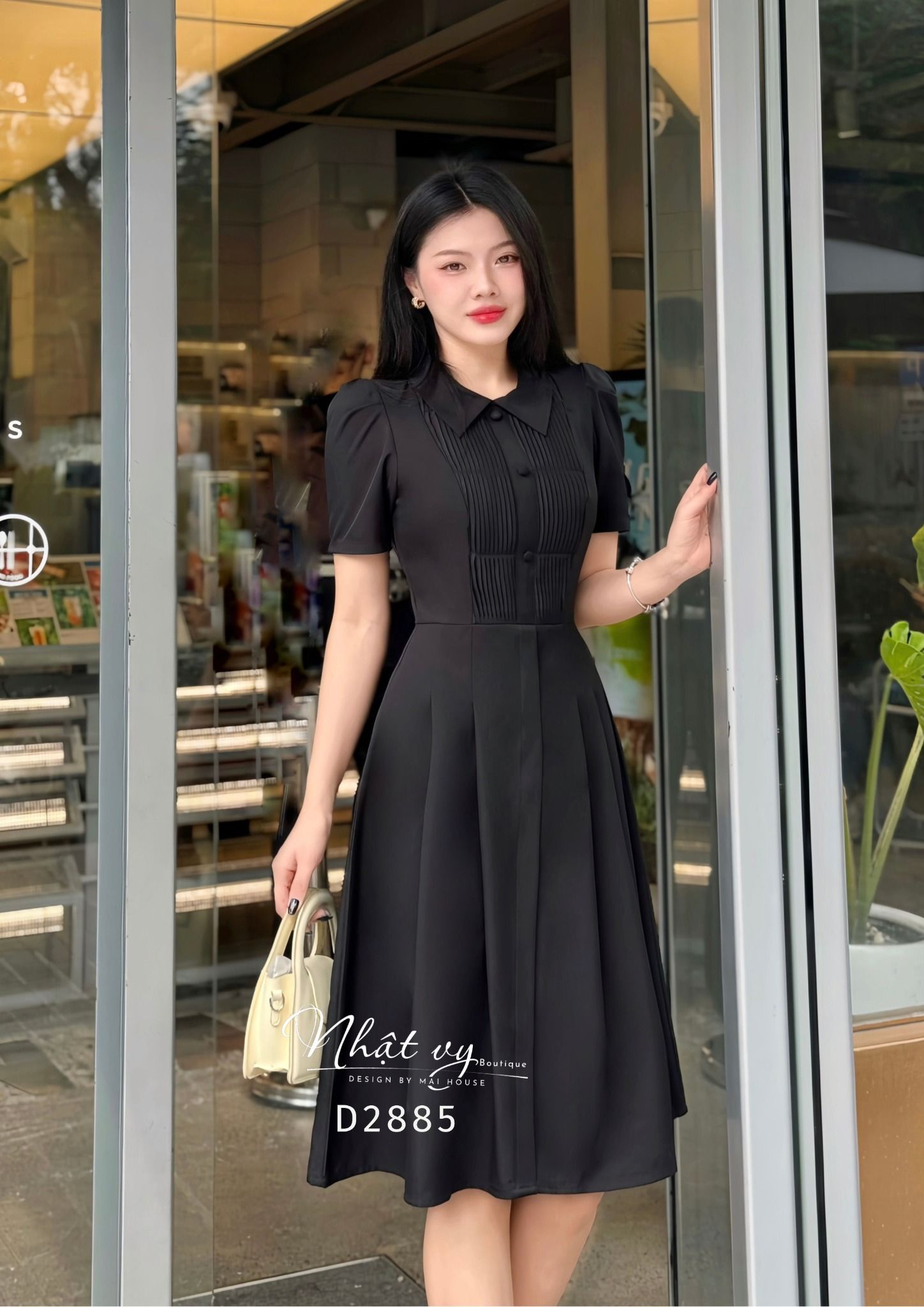 Đầm cổ sơ mi xếp ly ngực đính nút bọc - D2885