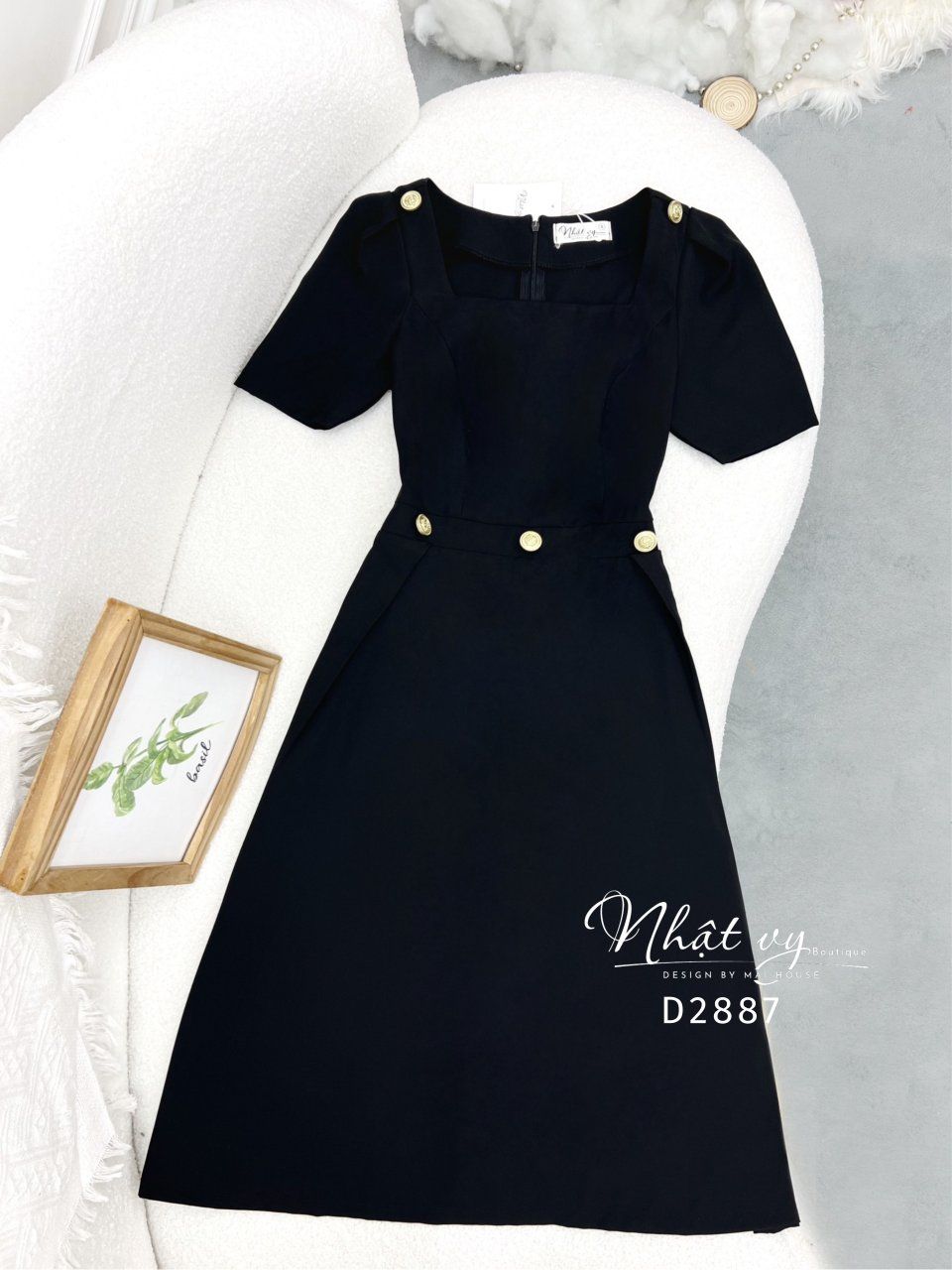 Đầm cổ vuông dáng xoè tay nhún cách điệu - D2887