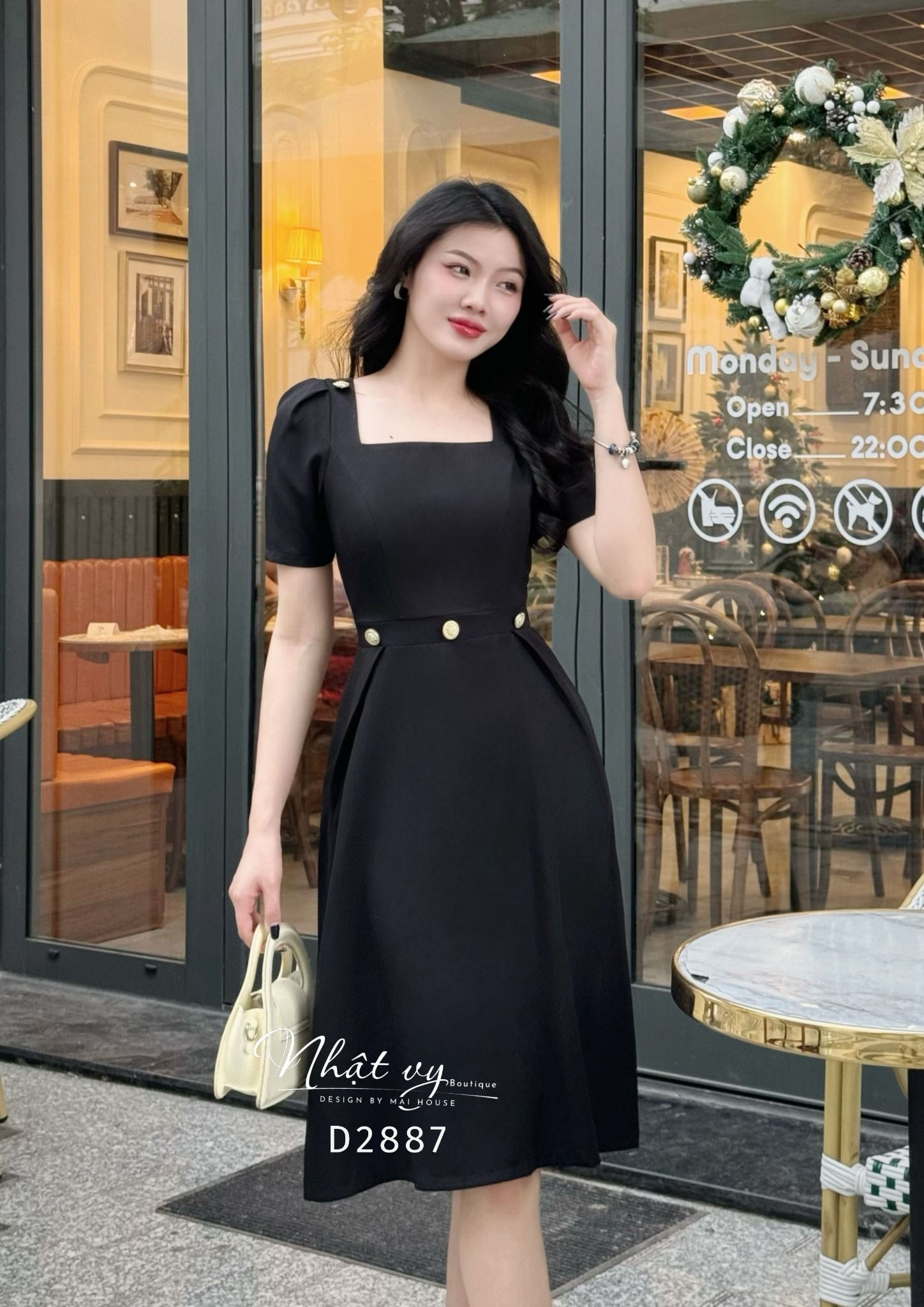 Đầm cổ vuông dáng xoè tay nhún cách điệu - D2887