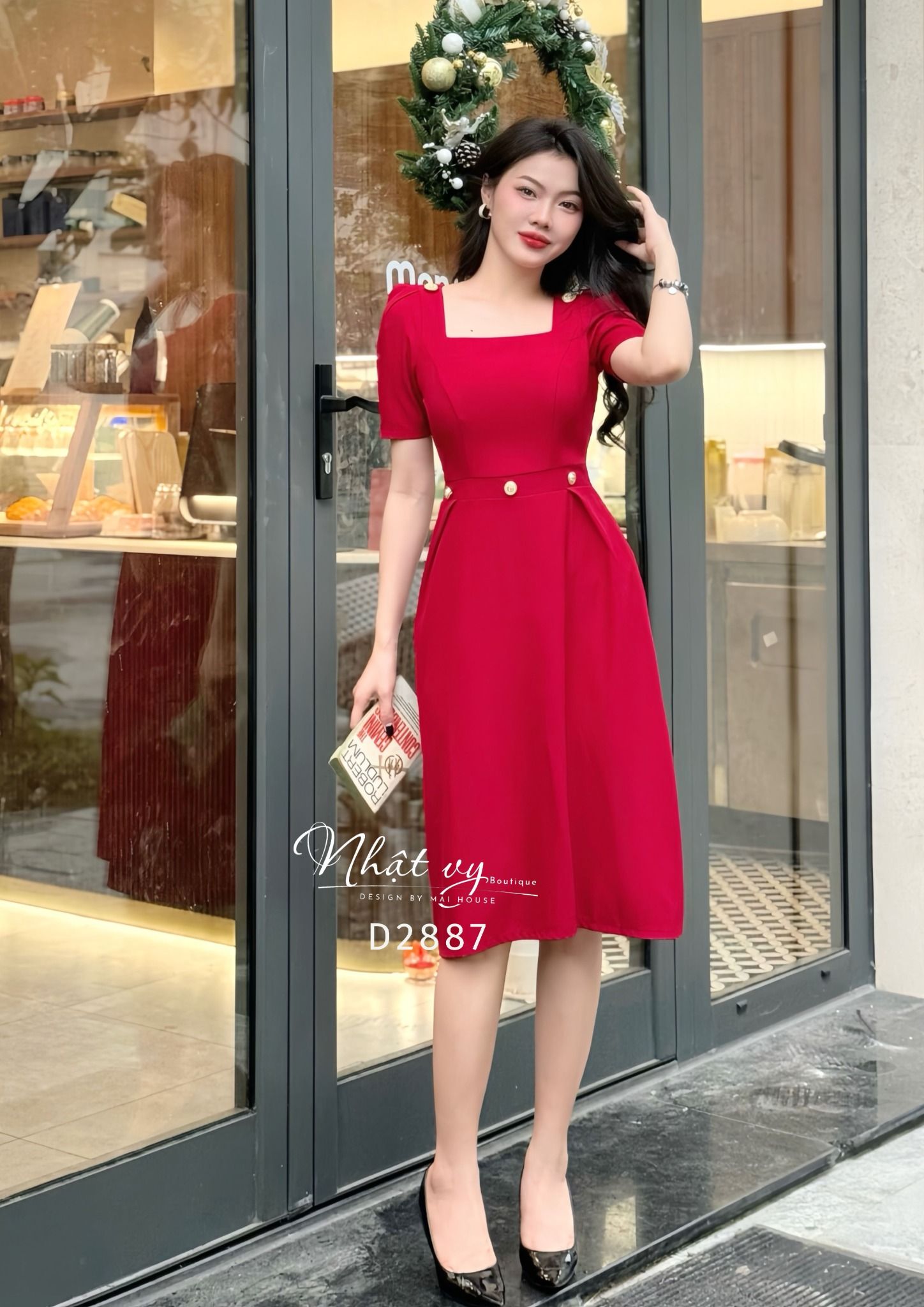 Đầm cổ vuông dáng xoè tay nhún cách điệu - D2887