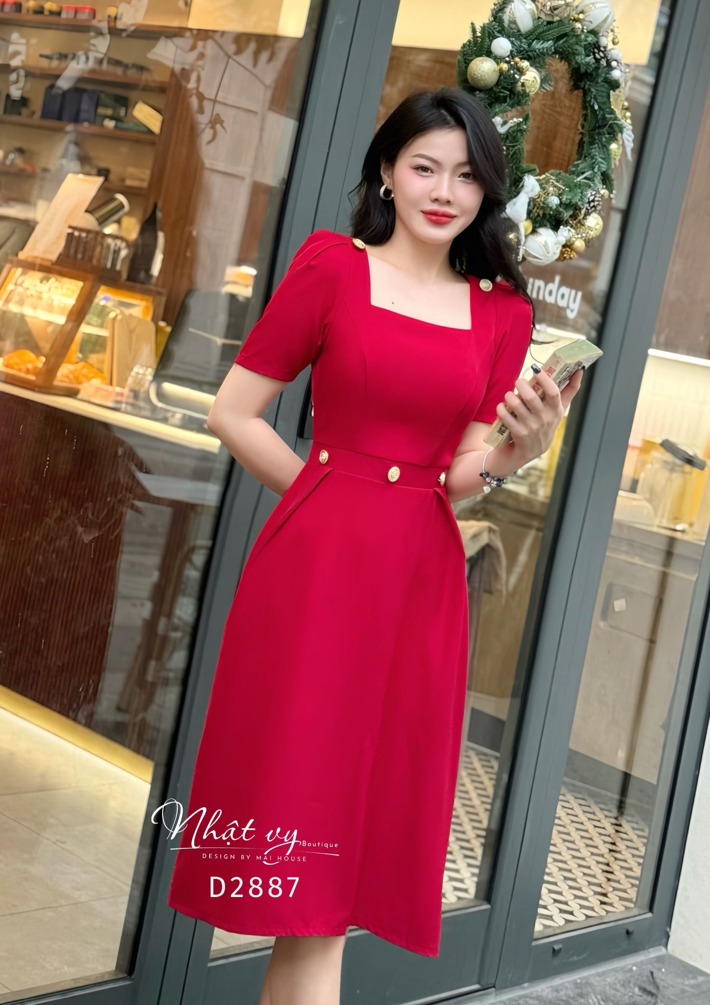 Đầm cổ vuông dáng xoè tay nhún cách điệu - D2887