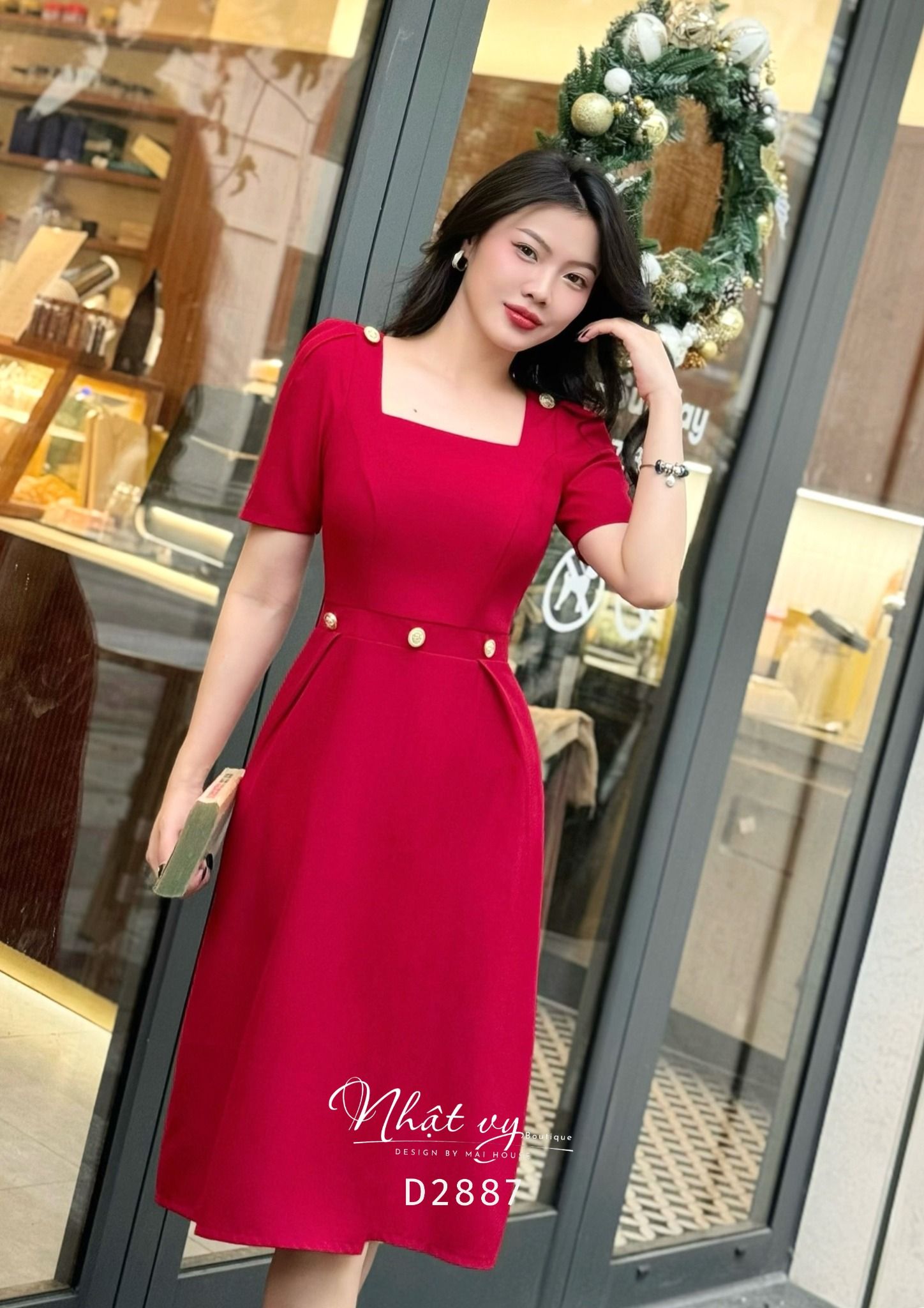 Đầm cổ vuông dáng xoè tay nhún cách điệu - D2887