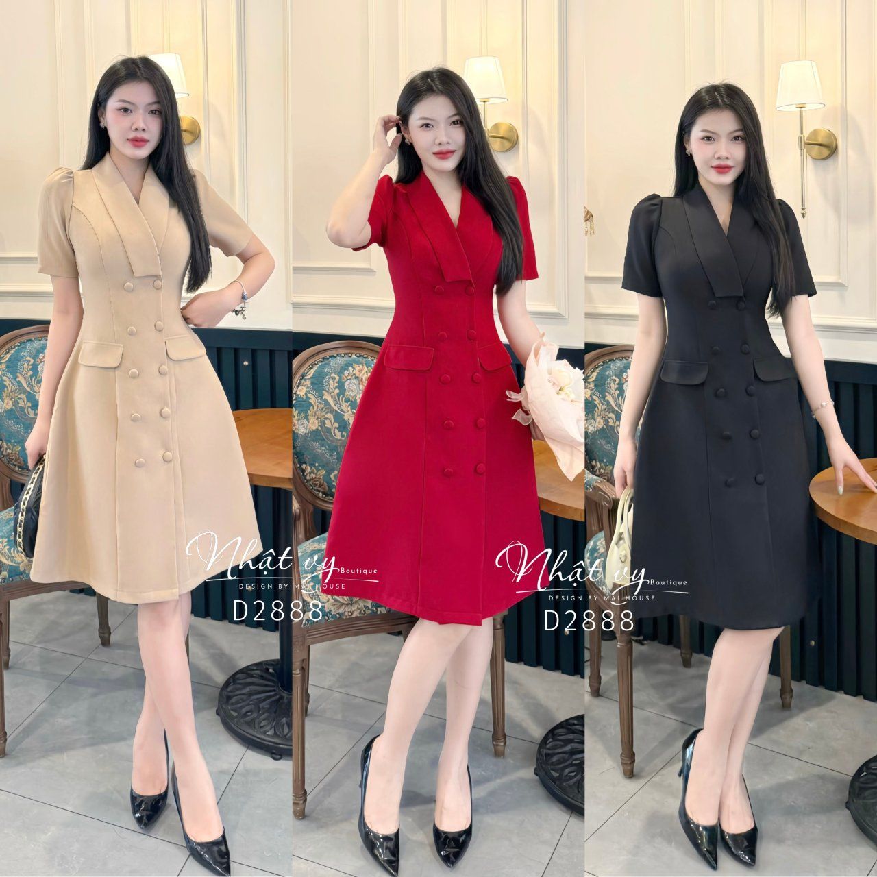 Đầm cổ vest dáng xoè đính nút bọc - D2888