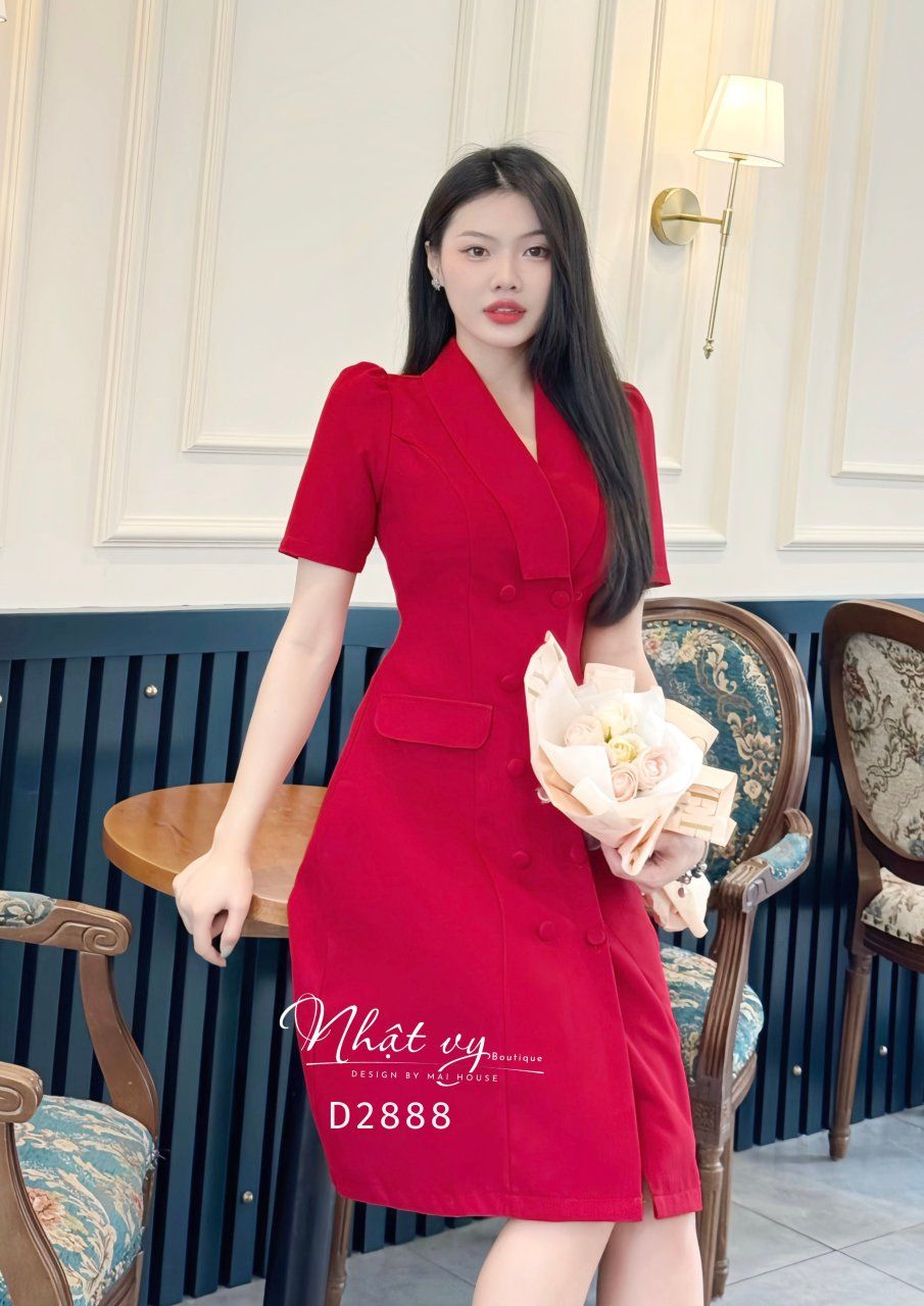 Đầm cổ vest dáng xoè đính nút bọc - D2888