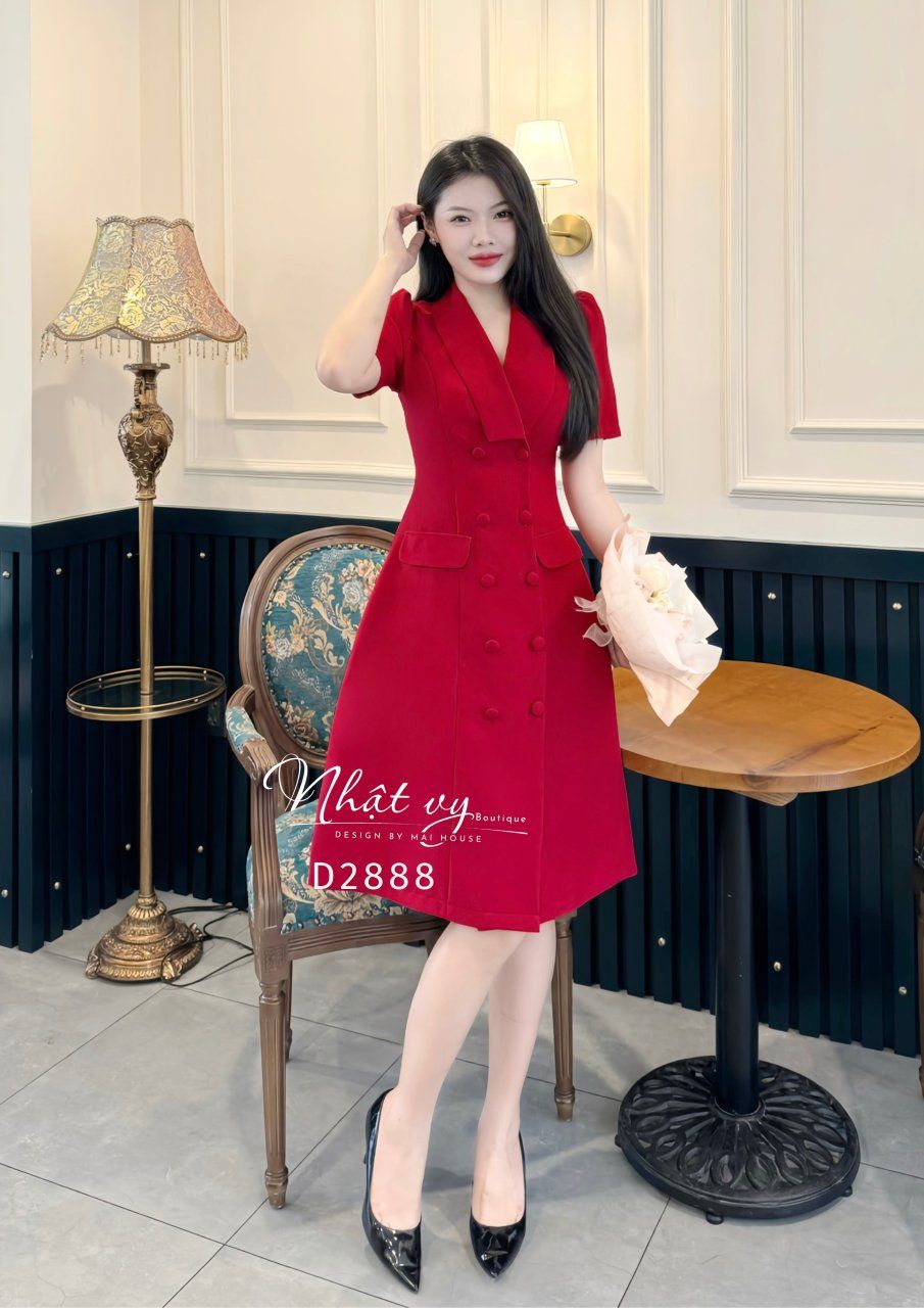 Đầm cổ vest dáng xoè đính nút bọc - D2888