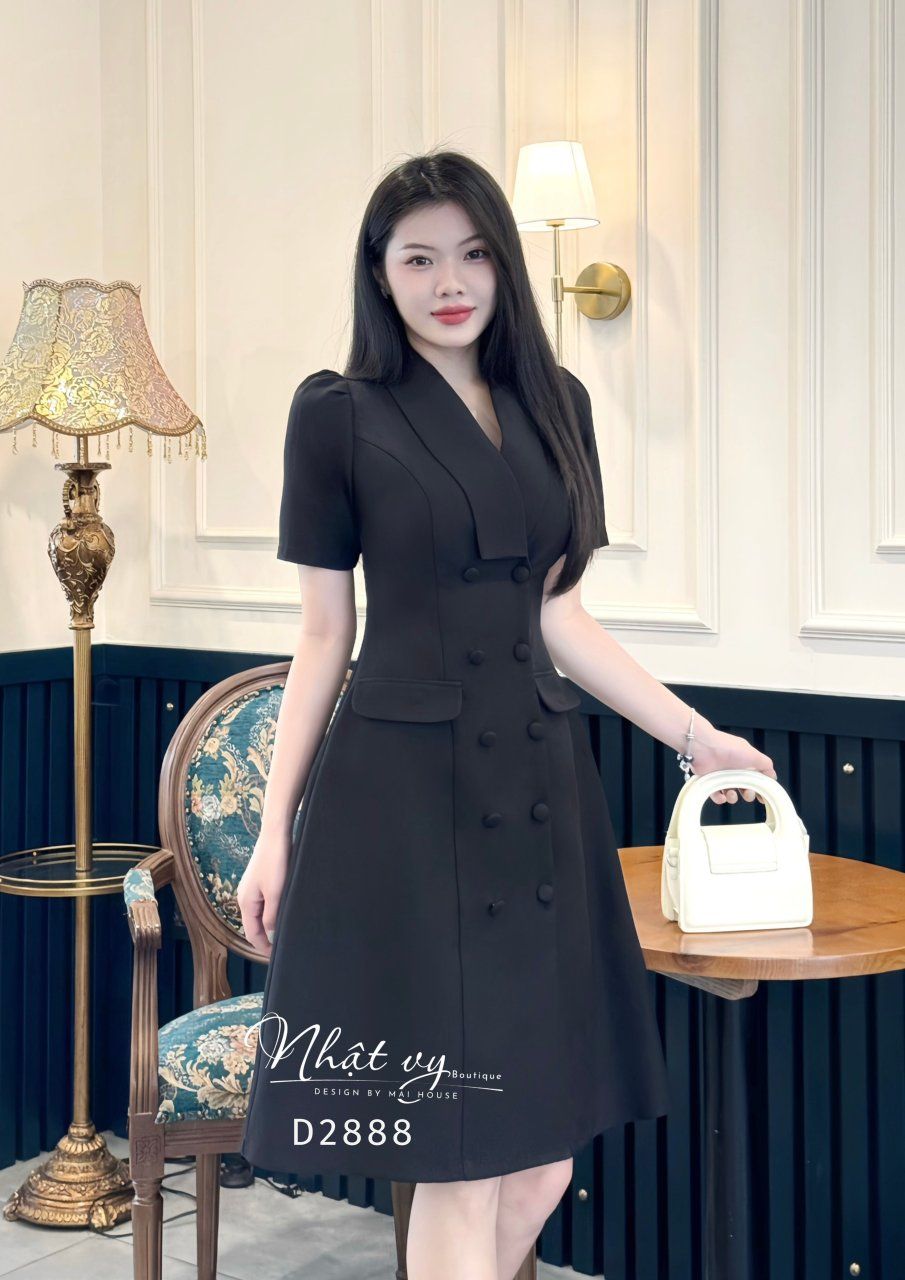 Đầm cổ vest dáng xoè đính nút bọc - D2888