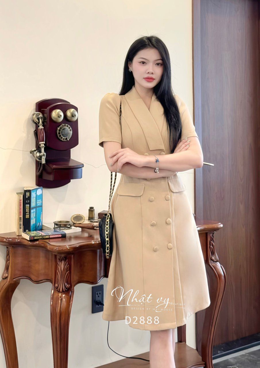 Đầm cổ vest dáng xoè đính nút bọc - D2888