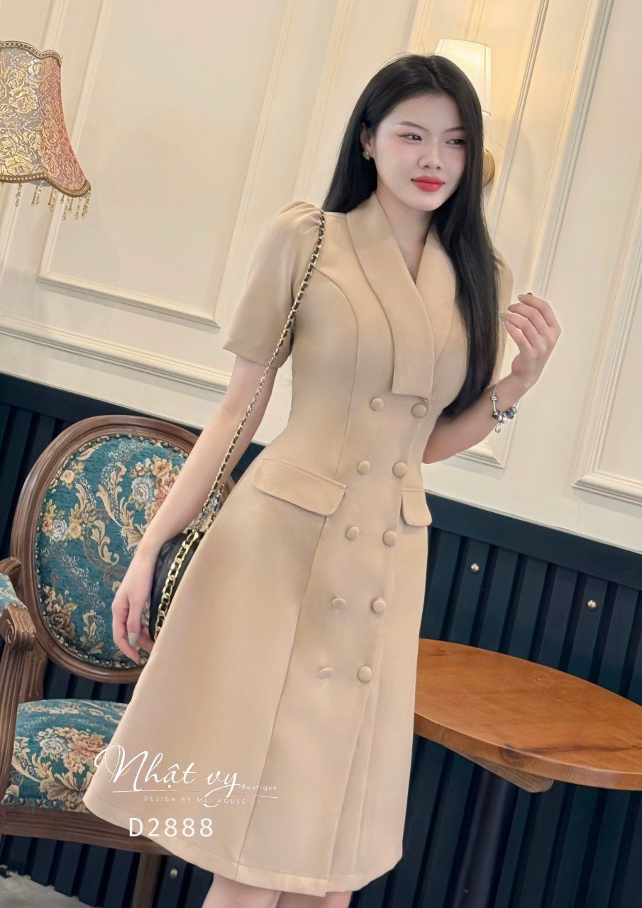 Đầm cổ vest dáng xoè đính nút bọc - D2888