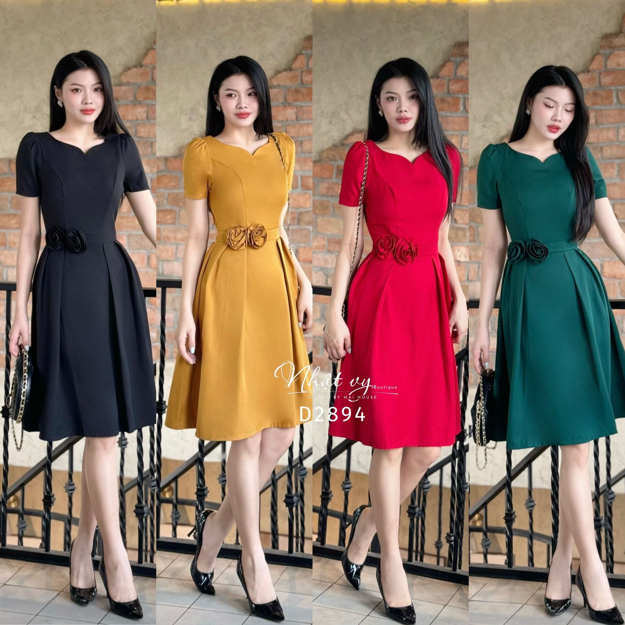 Đầm cổ cách điệu dáng xoè xếp ly đính hoa - D2894