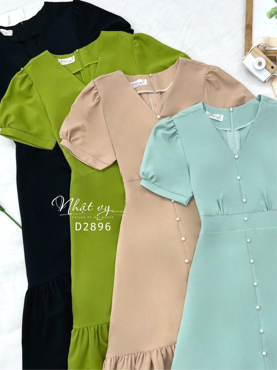 Đầm cổ V nhún ngực đuôi cá đính nút ngọc - D2896