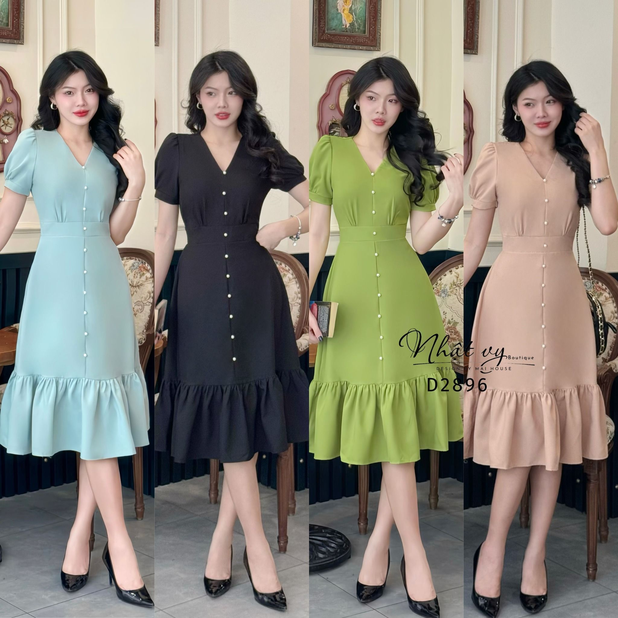 Đầm cổ V nhún ngực đuôi cá đính nút ngọc - D2896