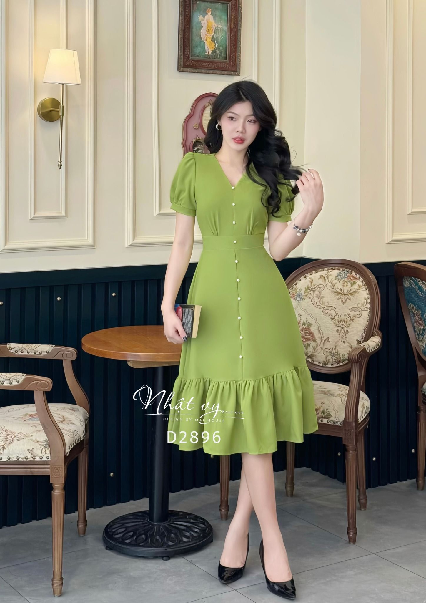 Đầm cổ V nhún ngực đuôi cá đính nút ngọc - D2896