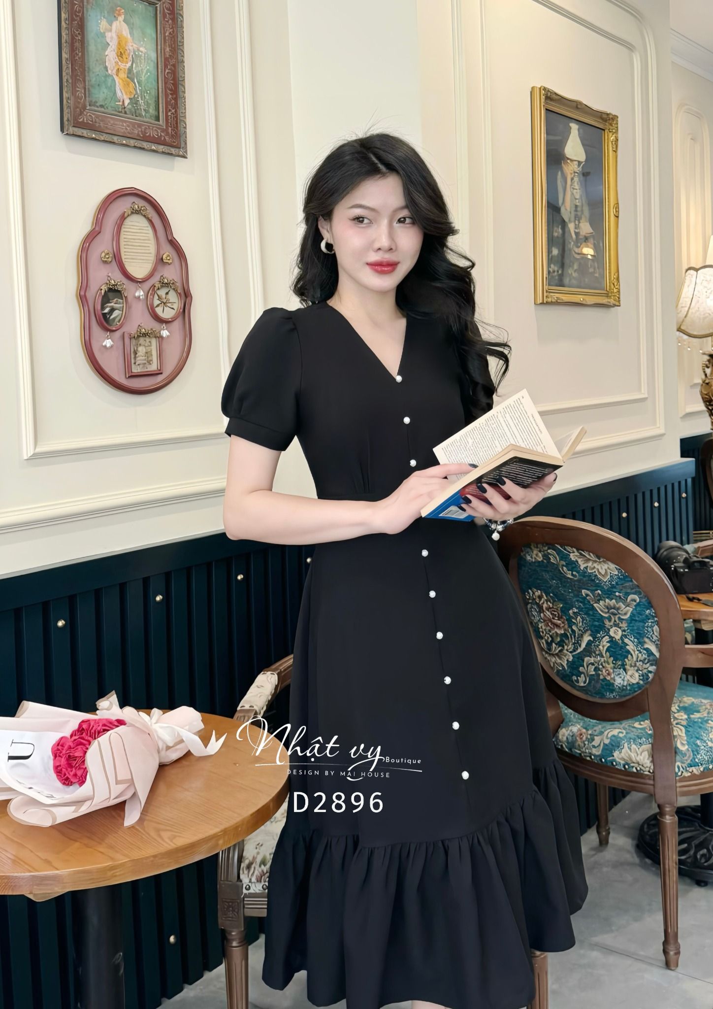 Đầm cổ V nhún ngực đuôi cá đính nút ngọc - D2896
