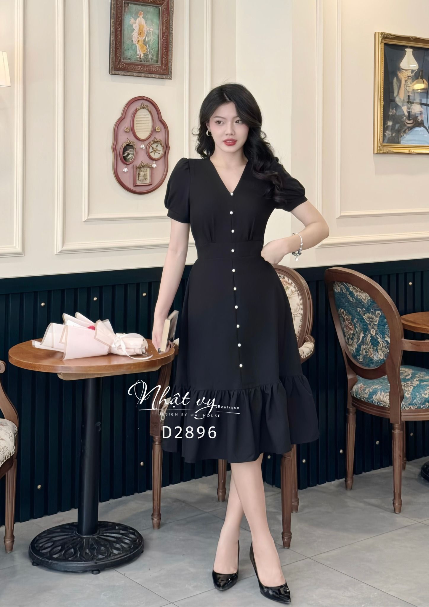Đầm cổ V nhún ngực đuôi cá đính nút ngọc - D2896