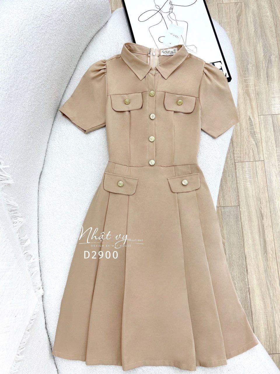 Đầm cổ sơ mi dáng xoè đắp túi giả - D2900