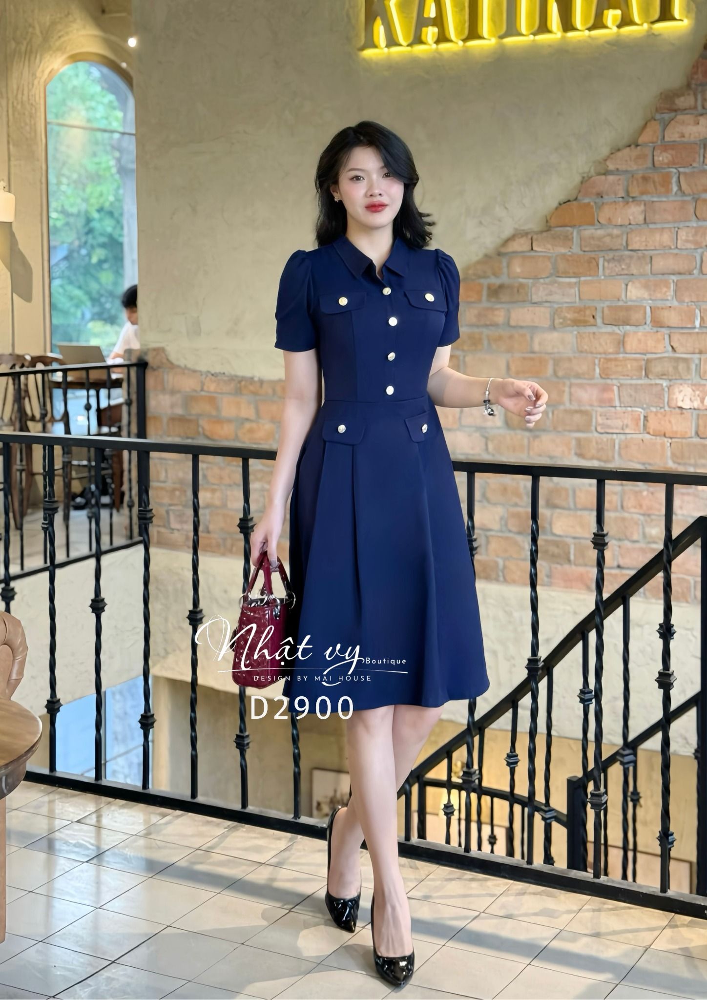 Đầm cổ sơ mi dáng xoè đắp túi giả - D2900