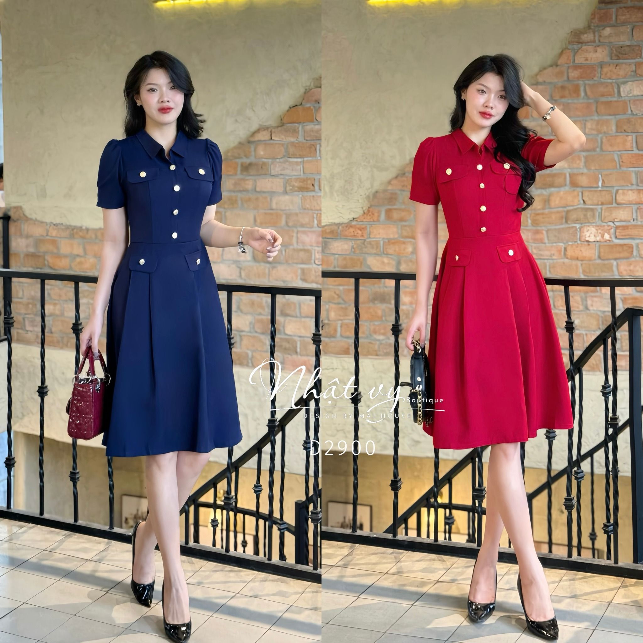 Đầm cổ sơ mi dáng xoè đắp túi giả - D2900