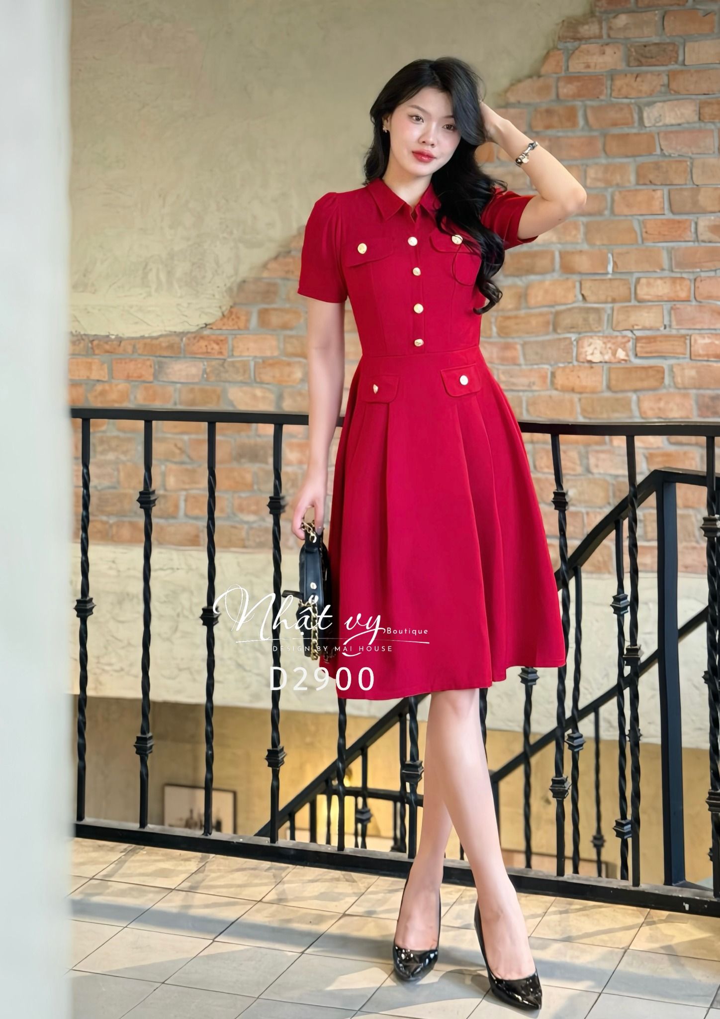Đầm cổ sơ mi dáng xoè đắp túi giả - D2900