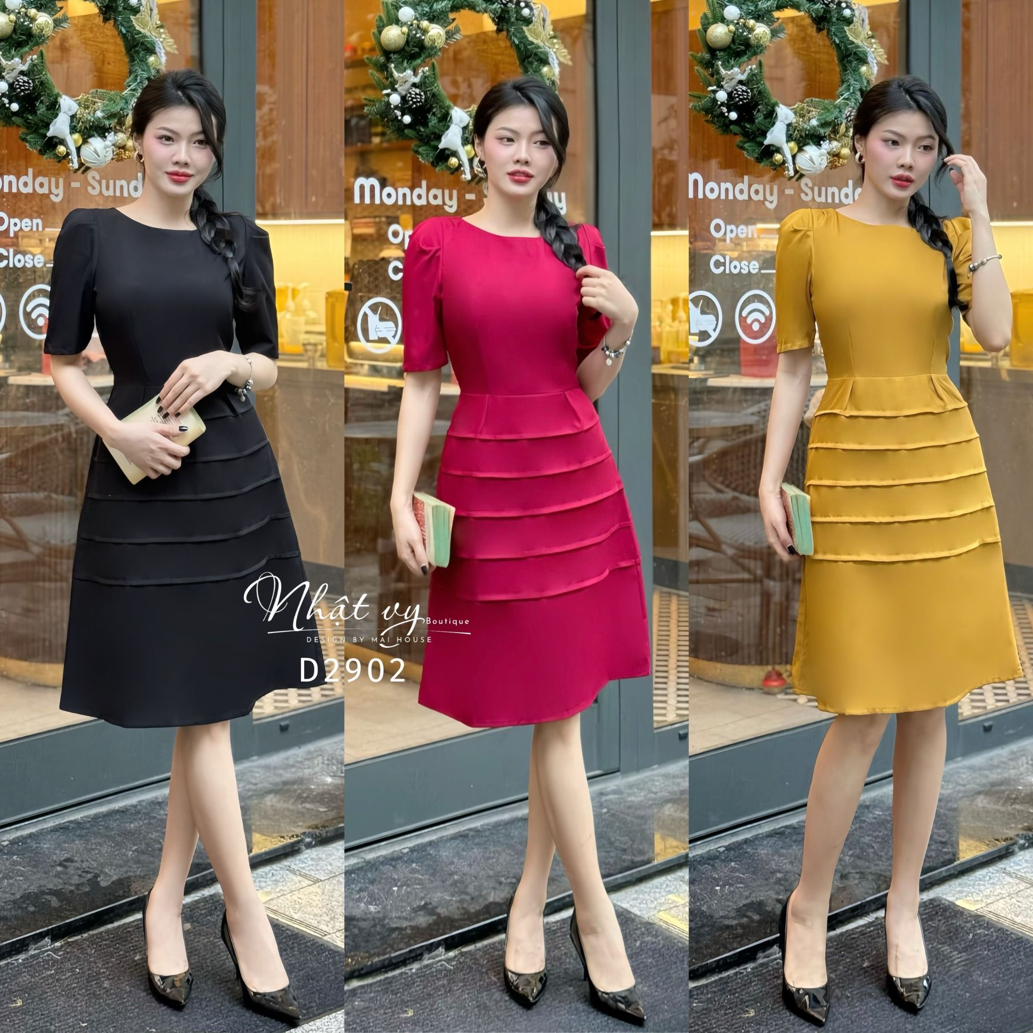 Đầm cổ tròn tay nhún cách điệu form dáng xoè - D2902