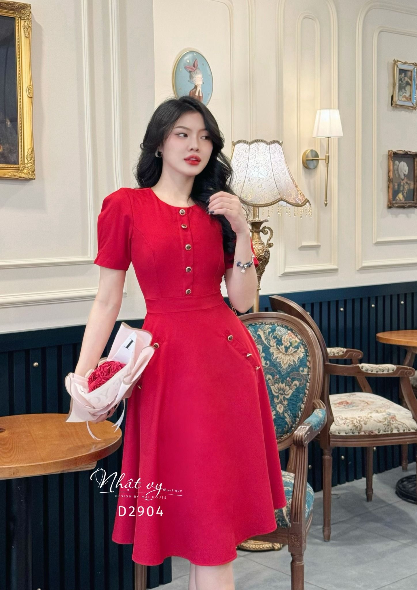 Đầm cổ tròn form dáng xoè đính nút giả - D2904
