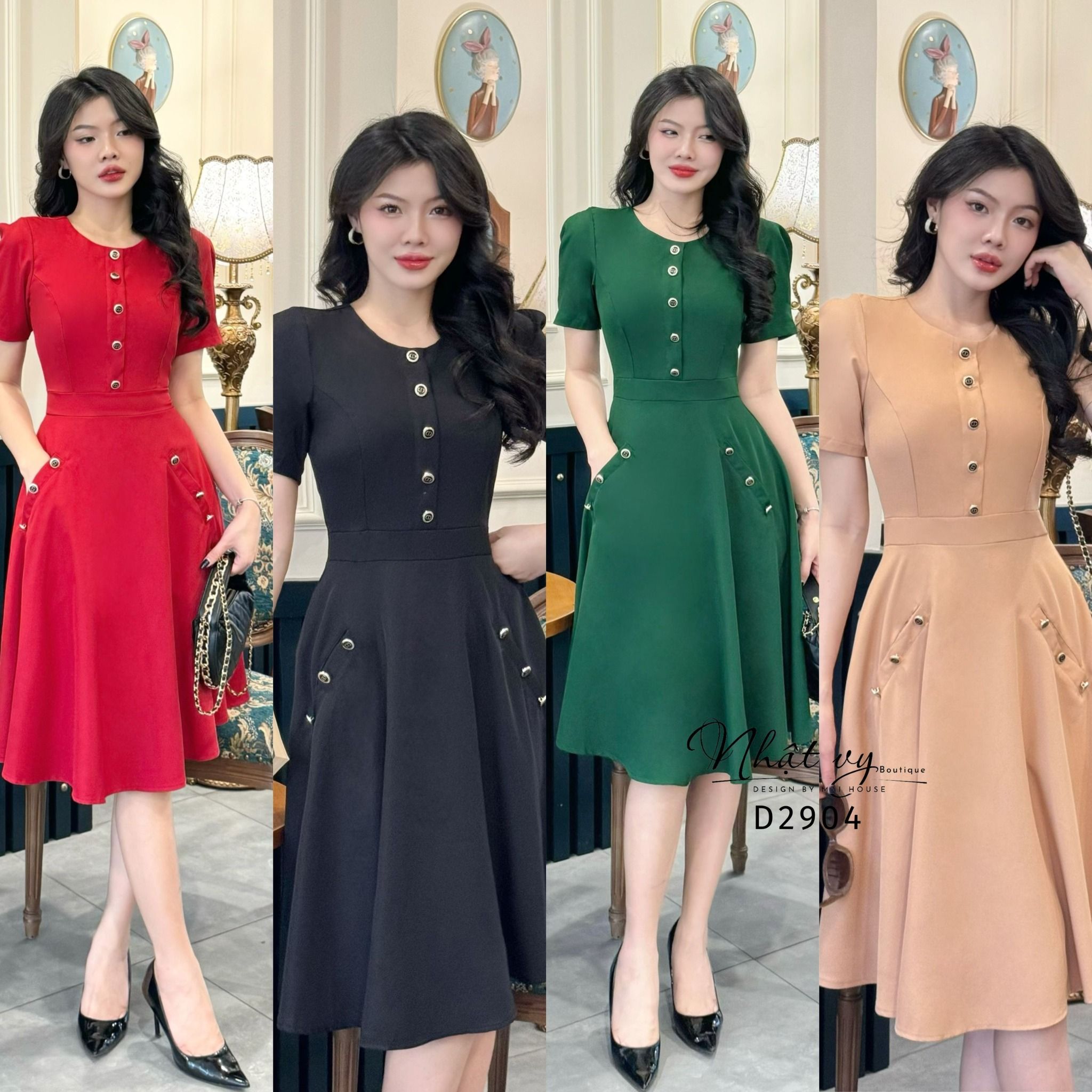 Đầm cổ tròn form dáng xoè đính nút giả - D2904