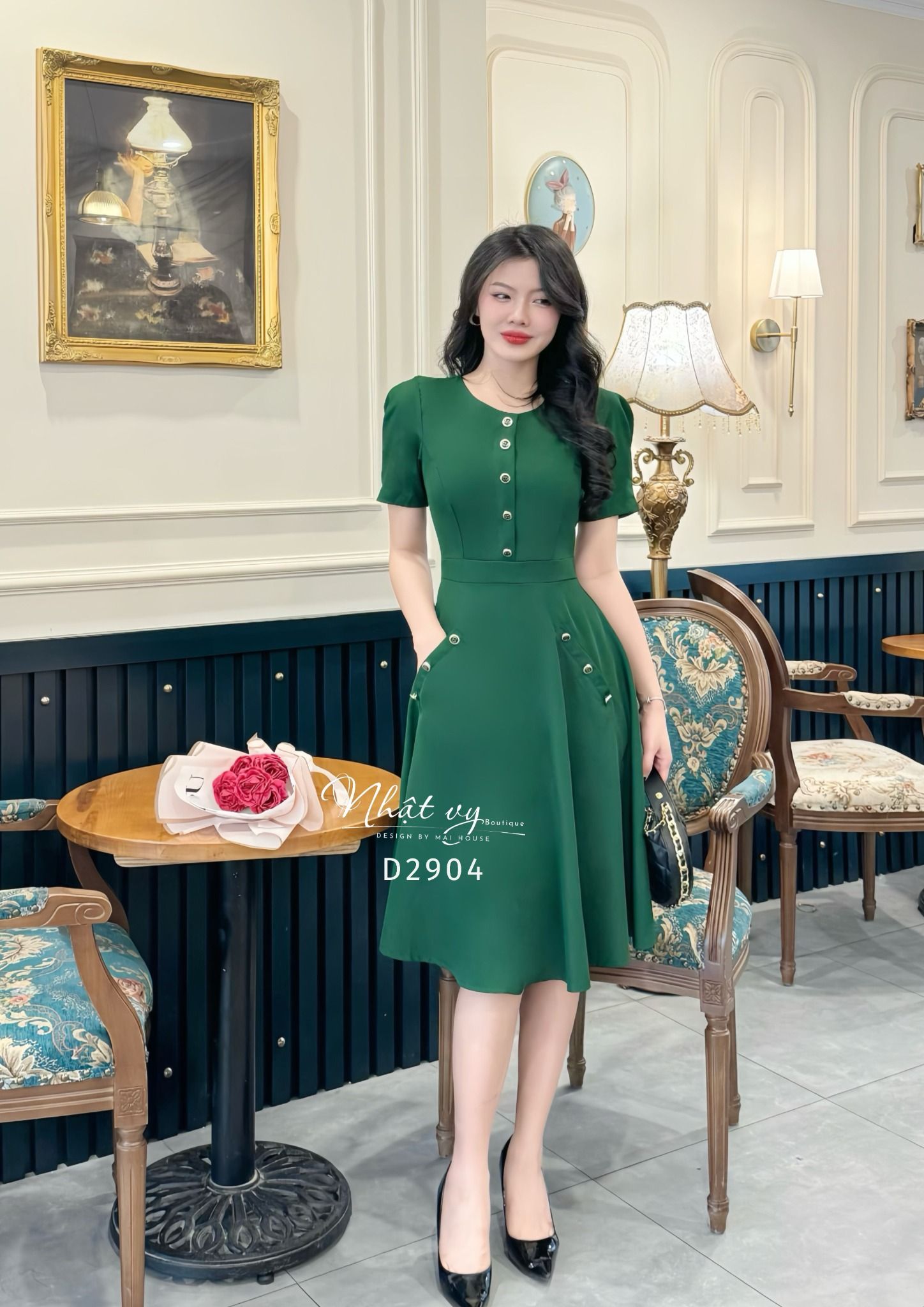 Đầm cổ tròn form dáng xoè đính nút giả - D2904