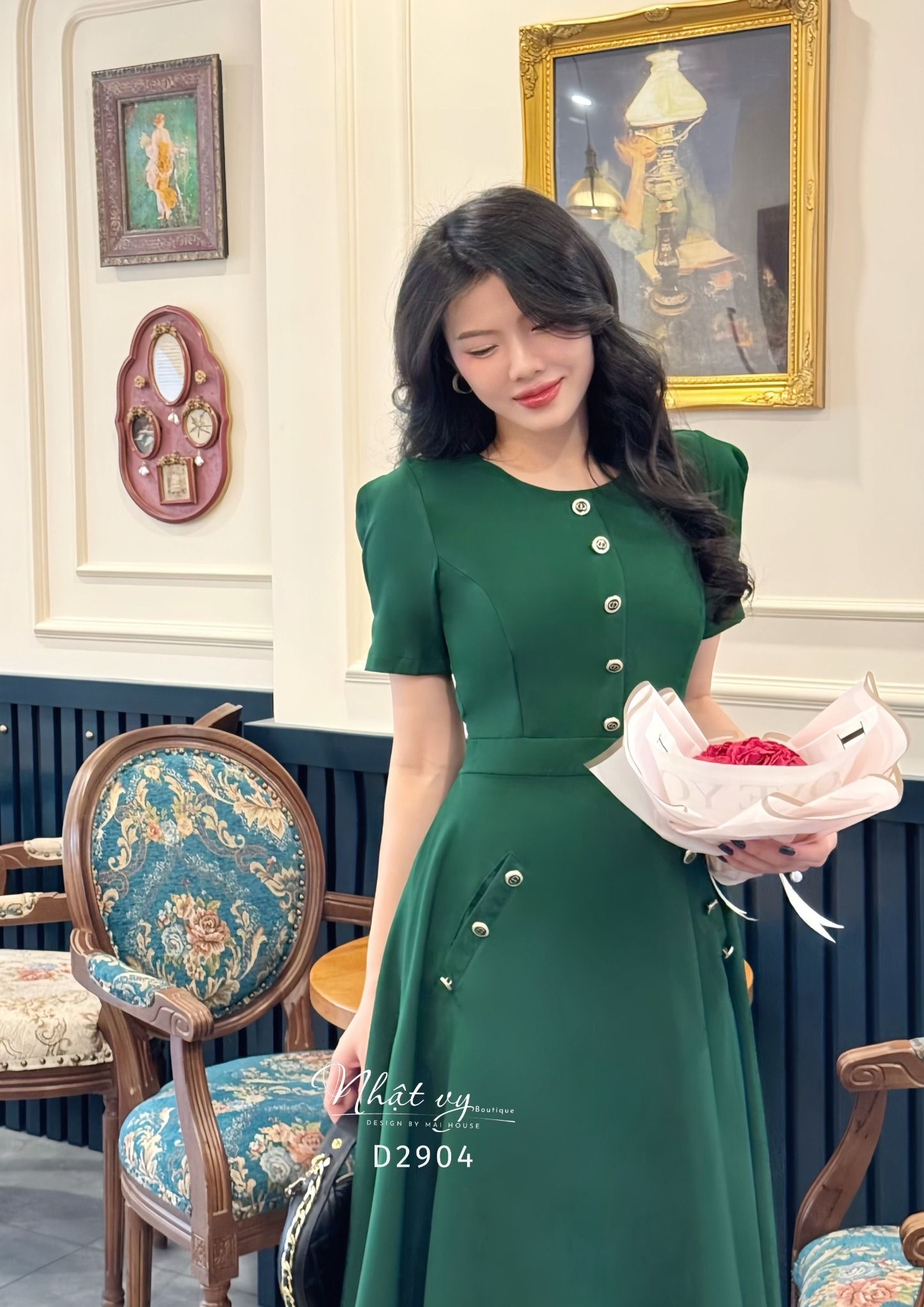 Đầm cổ tròn form dáng xoè đính nút giả - D2904