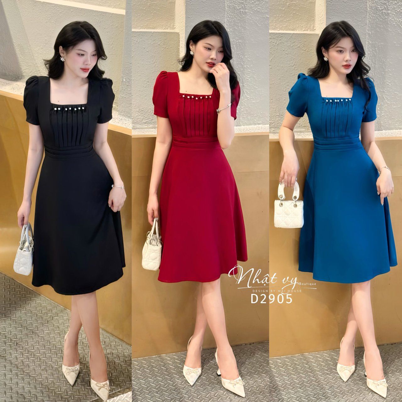 Đầm cổ vuông đính ngọc cách điệu form dáng xoè - D2905
