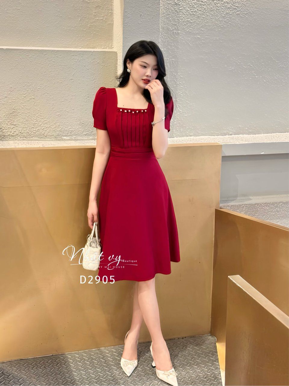 Đầm cổ vuông đính ngọc cách điệu form dáng xoè - D2905