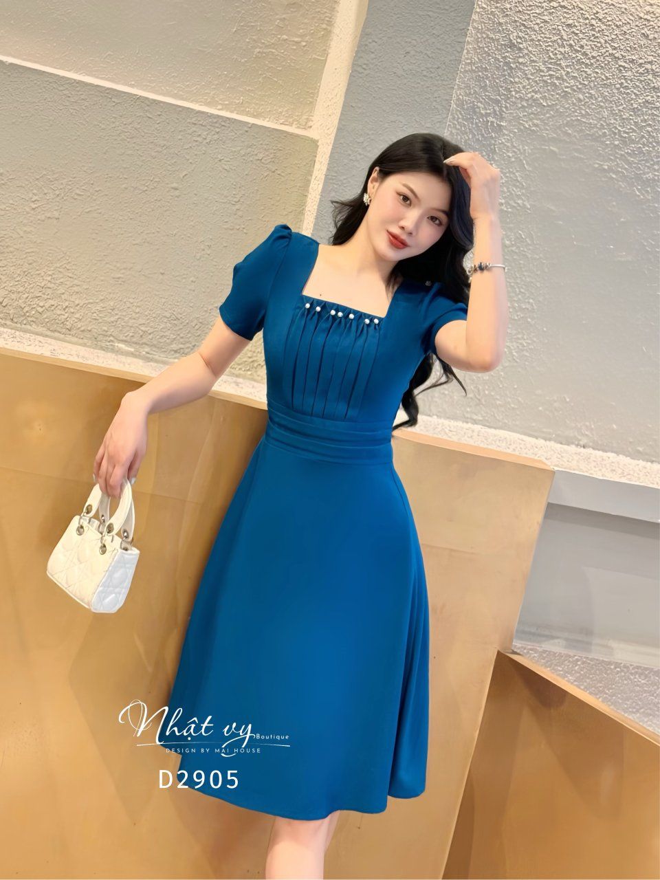 Đầm cổ vuông đính ngọc cách điệu form dáng xoè - D2905