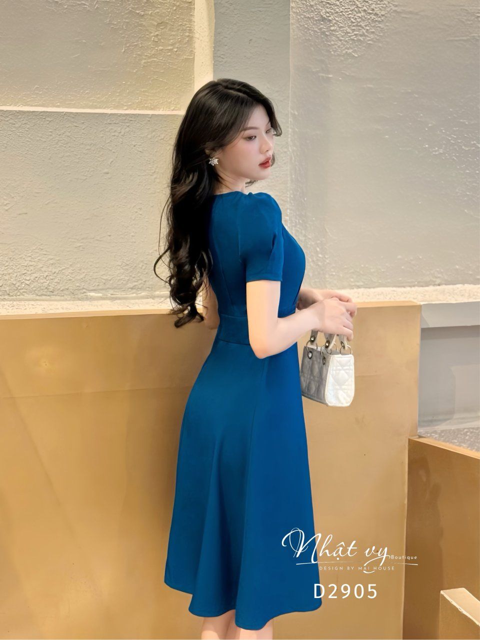 Đầm cổ vuông đính ngọc cách điệu form dáng xoè - D2905