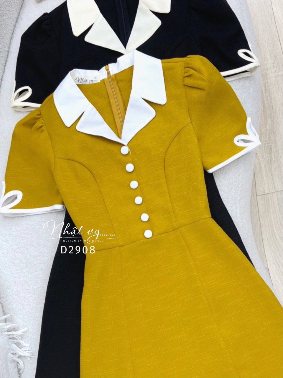 Đầm cổ vest đính cúc bọc phối viền kiểu - D2908