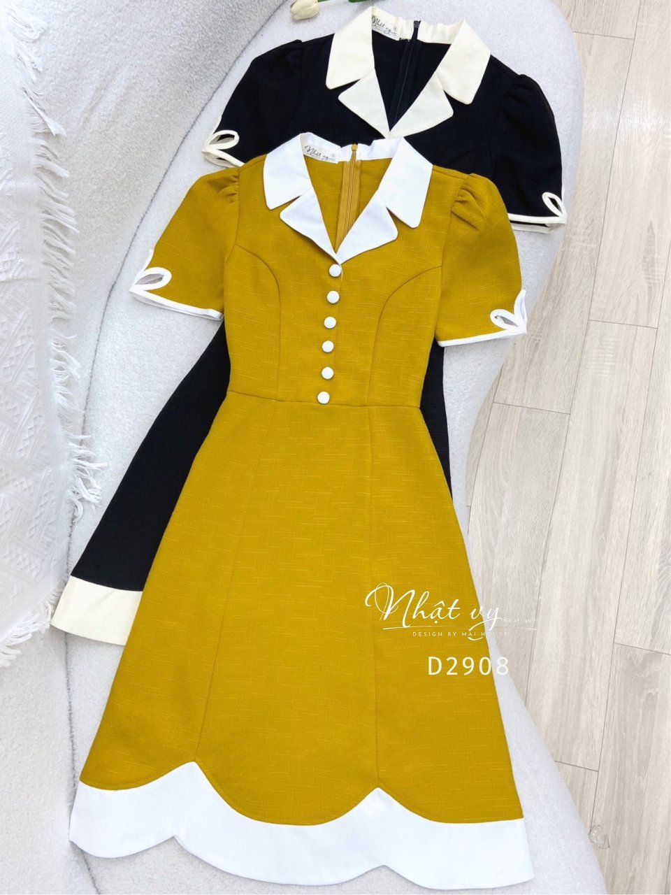 Đầm cổ vest đính cúc bọc phối viền kiểu - D2908