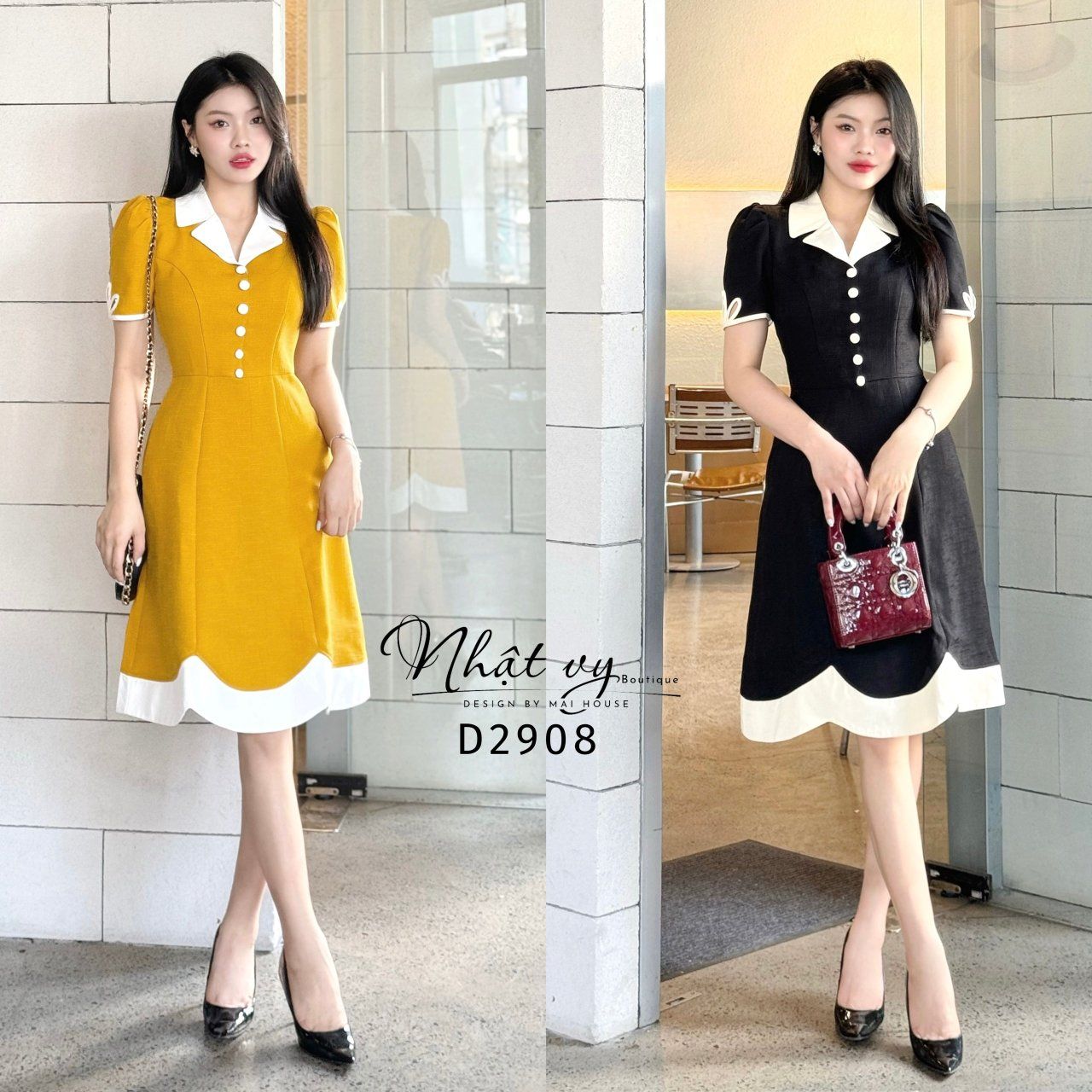 Đầm cổ vest đính cúc bọc phối viền kiểu - D2908