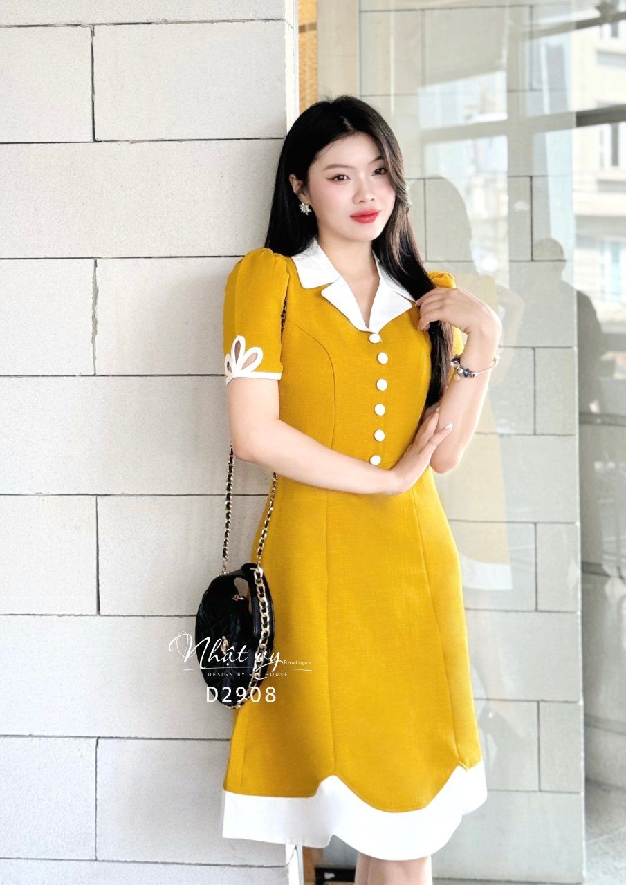 Đầm cổ vest đính cúc bọc phối viền kiểu - D2908