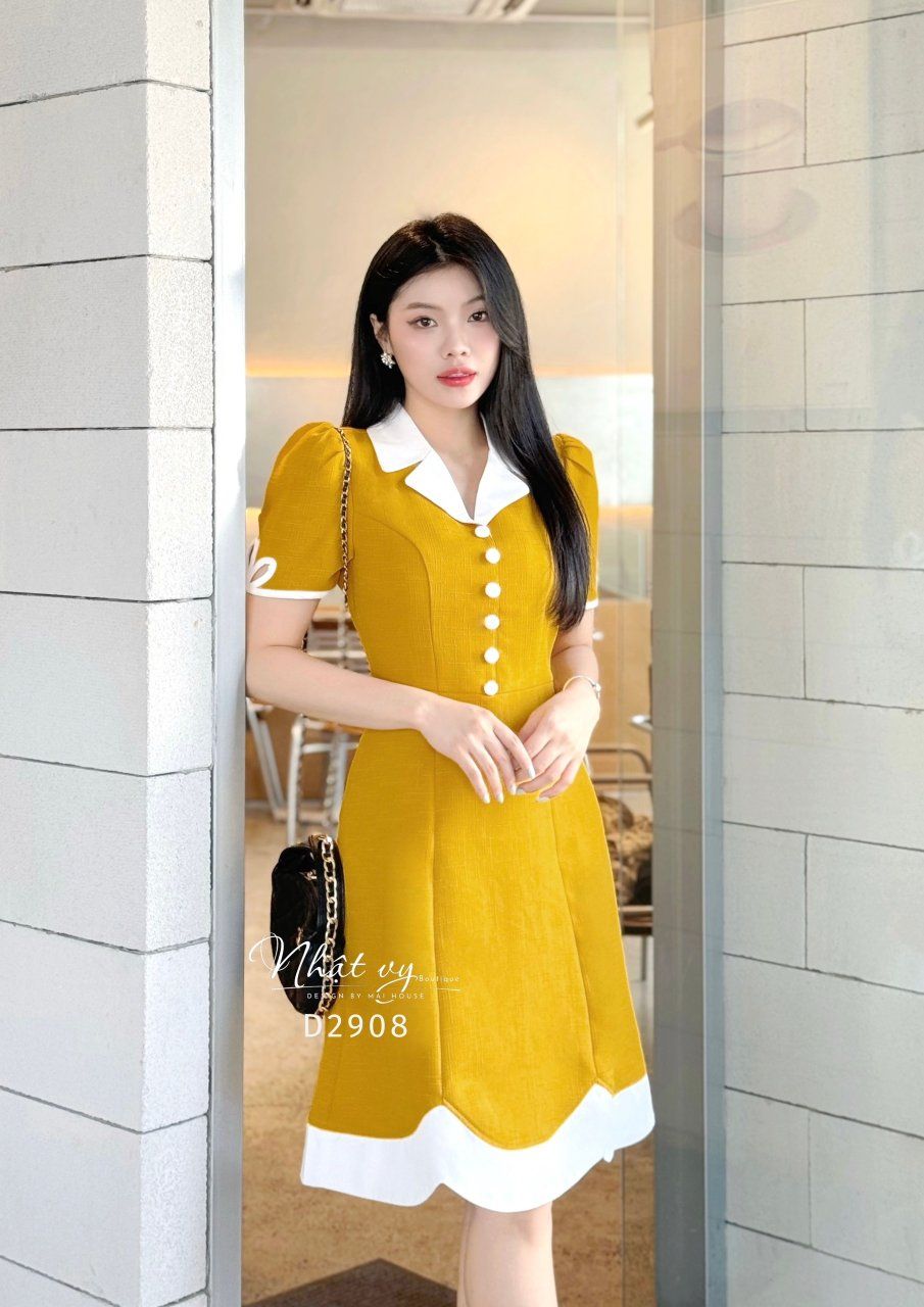 Đầm cổ vest đính cúc bọc phối viền kiểu - D2908