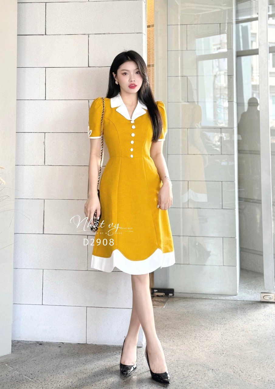 Đầm cổ vest đính cúc bọc phối viền kiểu - D2908